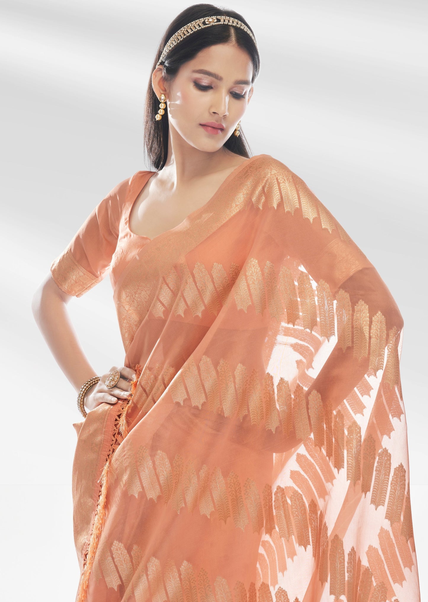 Pure banarasi organza peach saree usa online shopping with price at fast delivery.