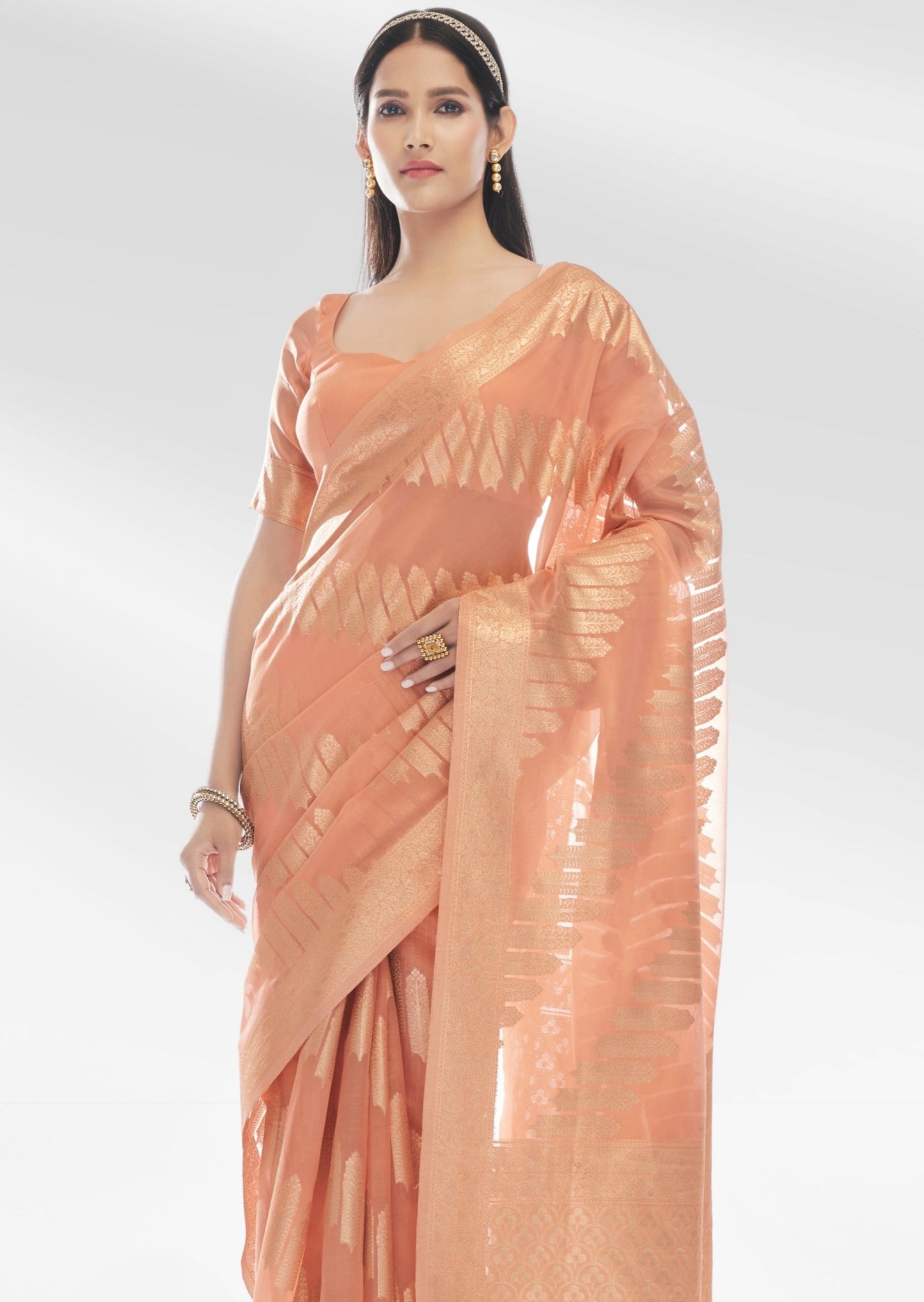 Pure banarasi organza peach saree blouse in usa online shopping.