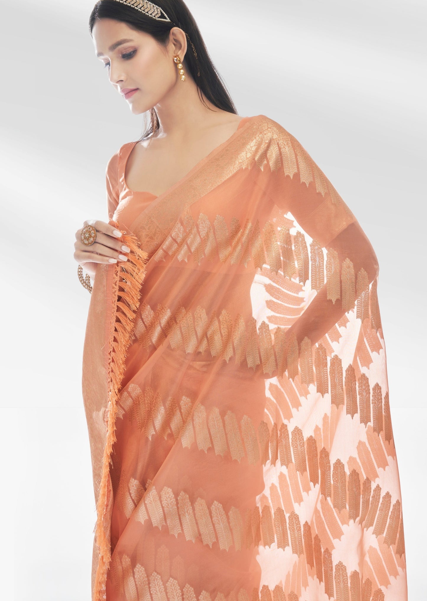 Pure banarasi organza silk peach saree in usa online with price.