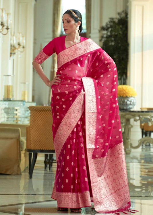 Pure handloom banarasi organza red saree online shopping price for wedding.
