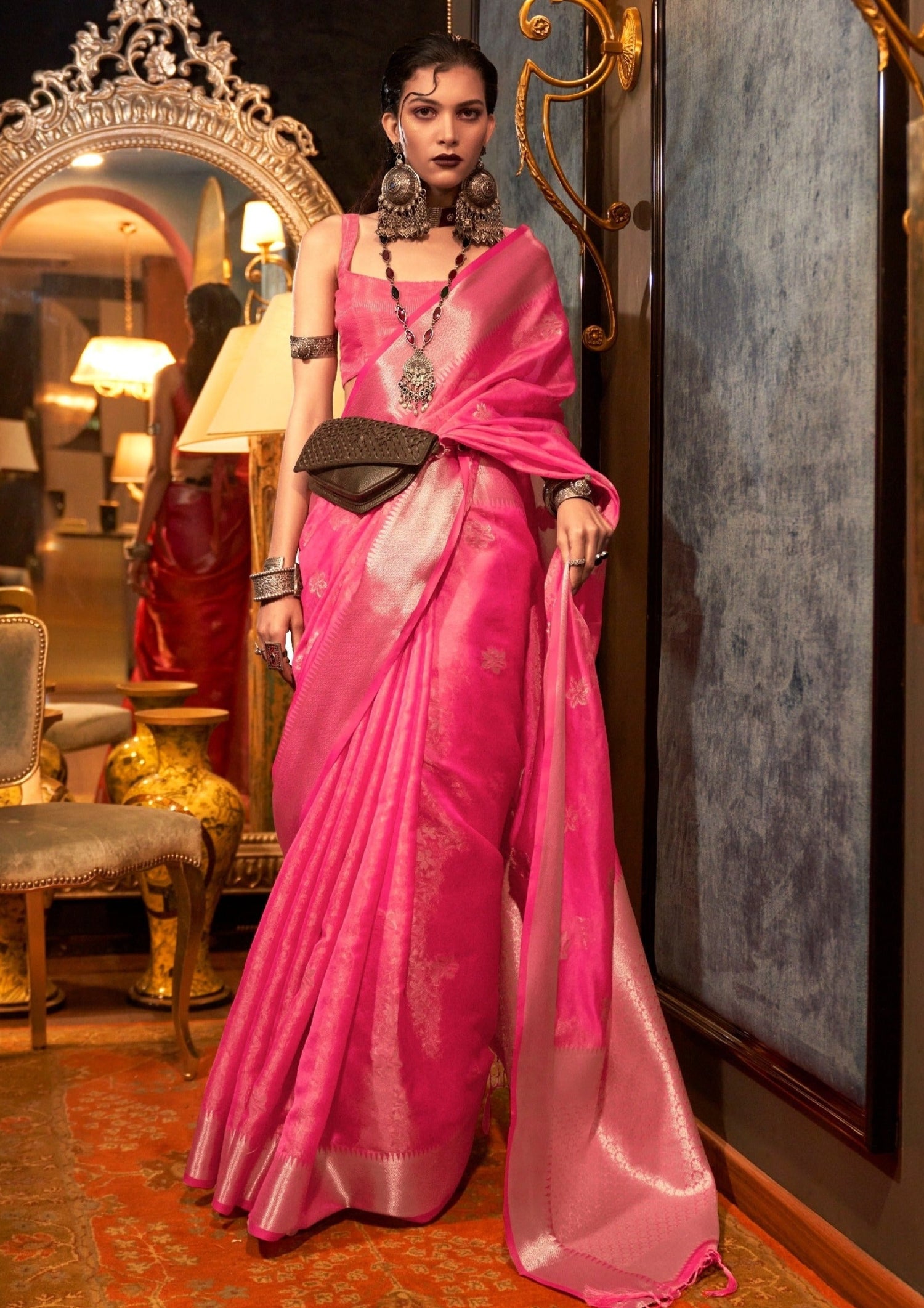 Pink colour banarasi organza sarees online shopping for bride india usa uk.