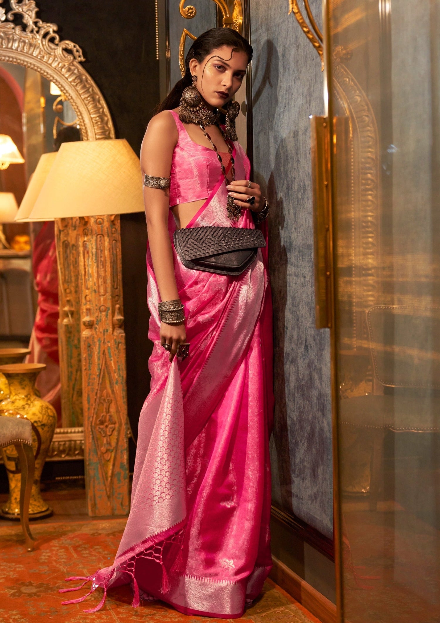 Pink colour banarasi organza wedding sarees online shopping for bride usa uk canada.