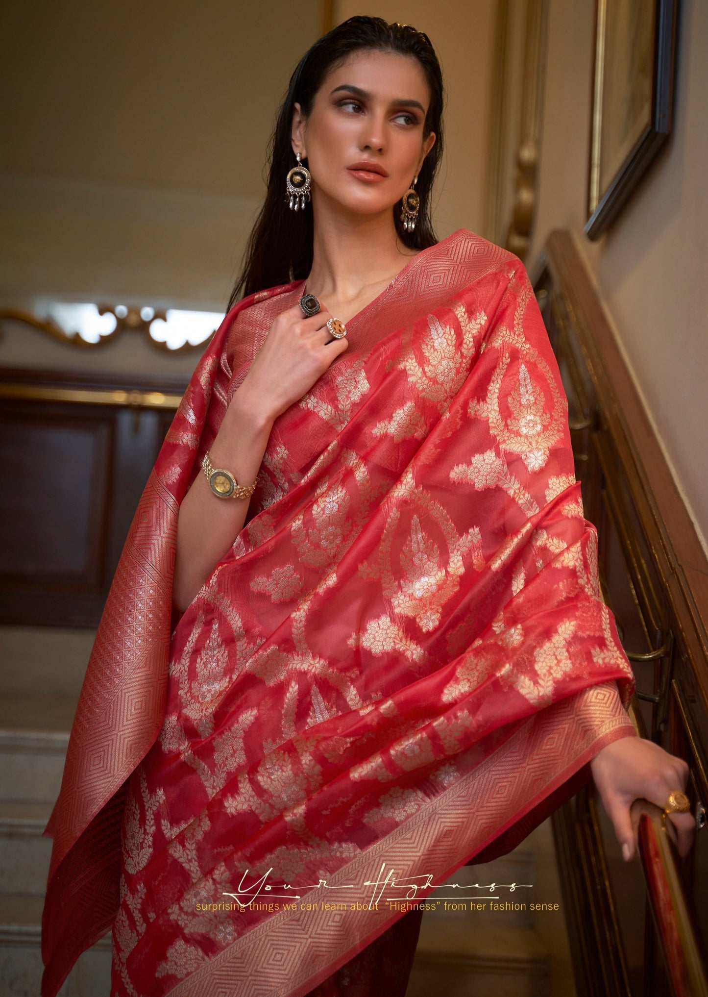 eoman in red colour banarasi saree looking in the left side