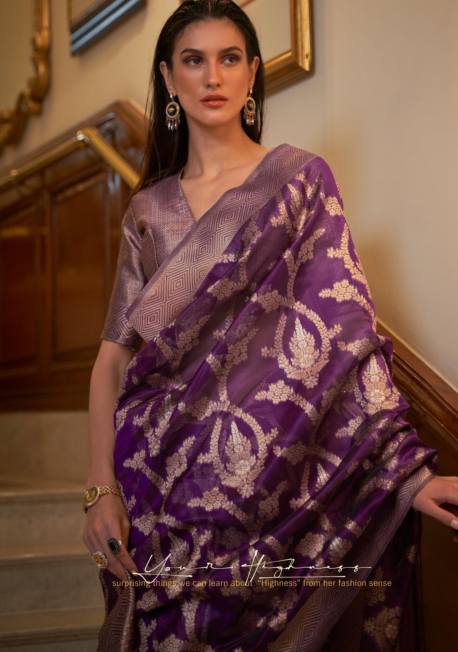 woman in violet colour banarasi organza saree looking  straight. 