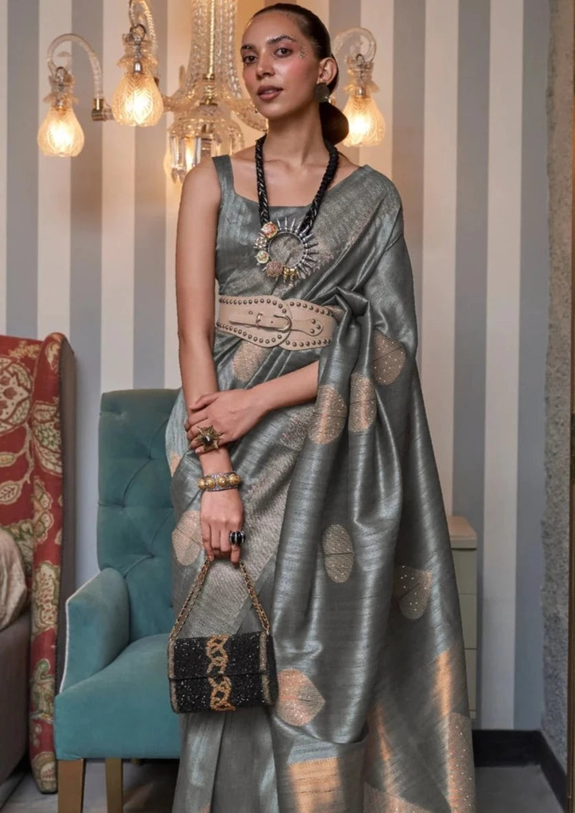 Pure banarasi raw silk grey handloom saree designs online.