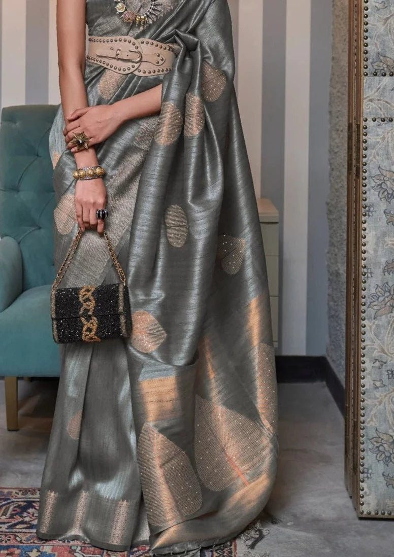 Pure banarasi raw silk grey handloom saree online.