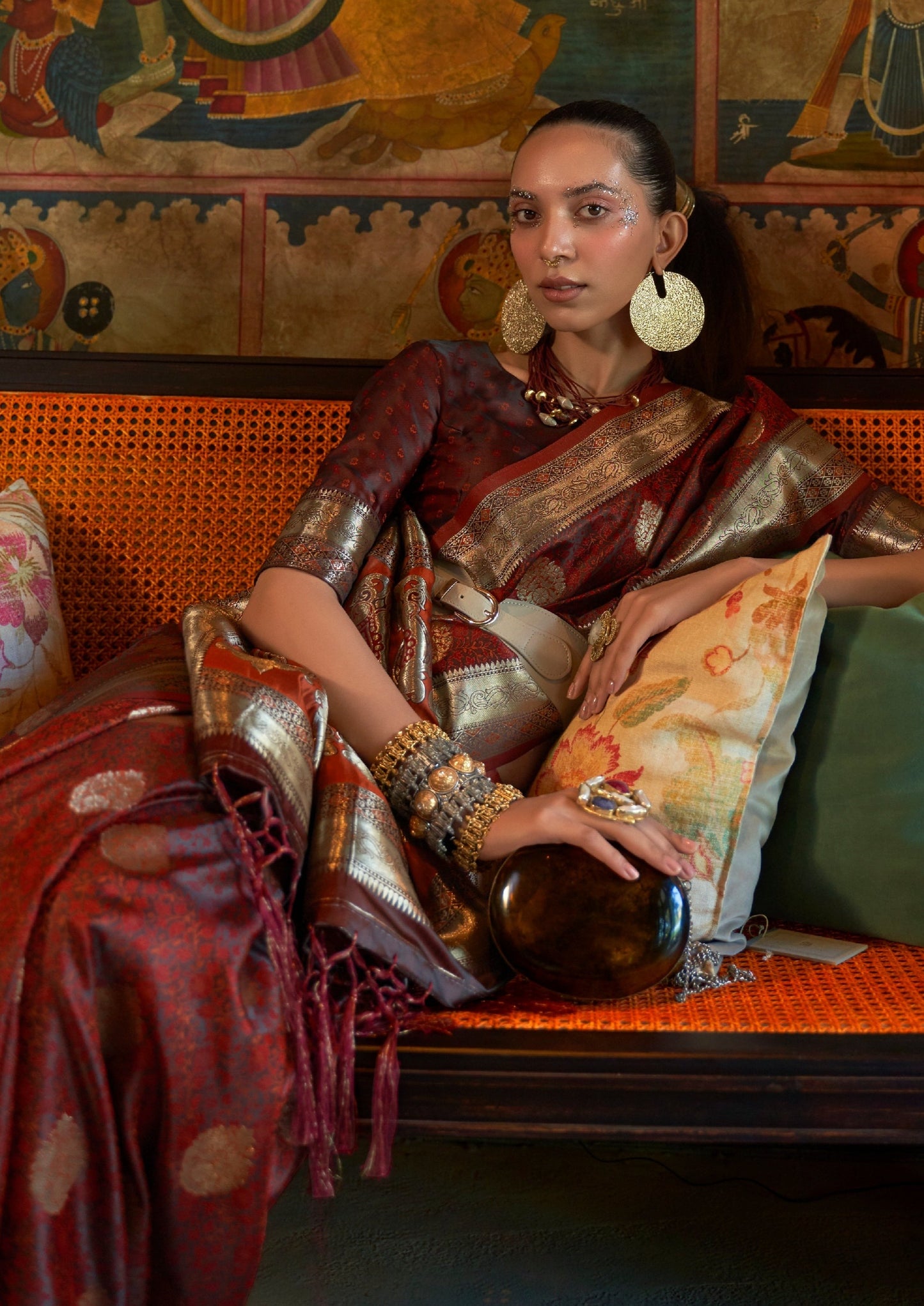 woman in Pure Banarasi Satin Silk Brown Handloom Saree Blouse