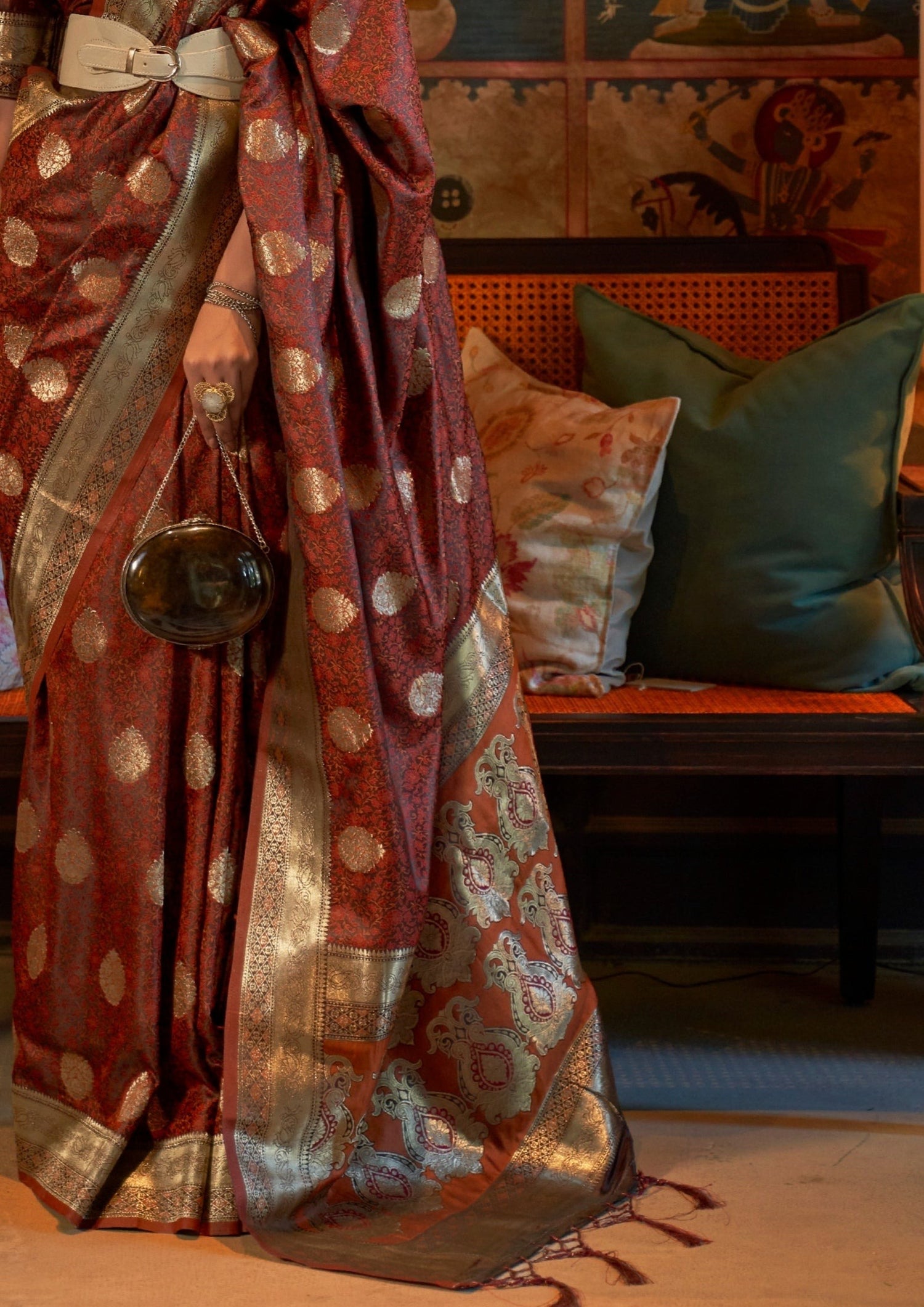 Pure Banarasi Satin Silk Brown Handloom Saree design