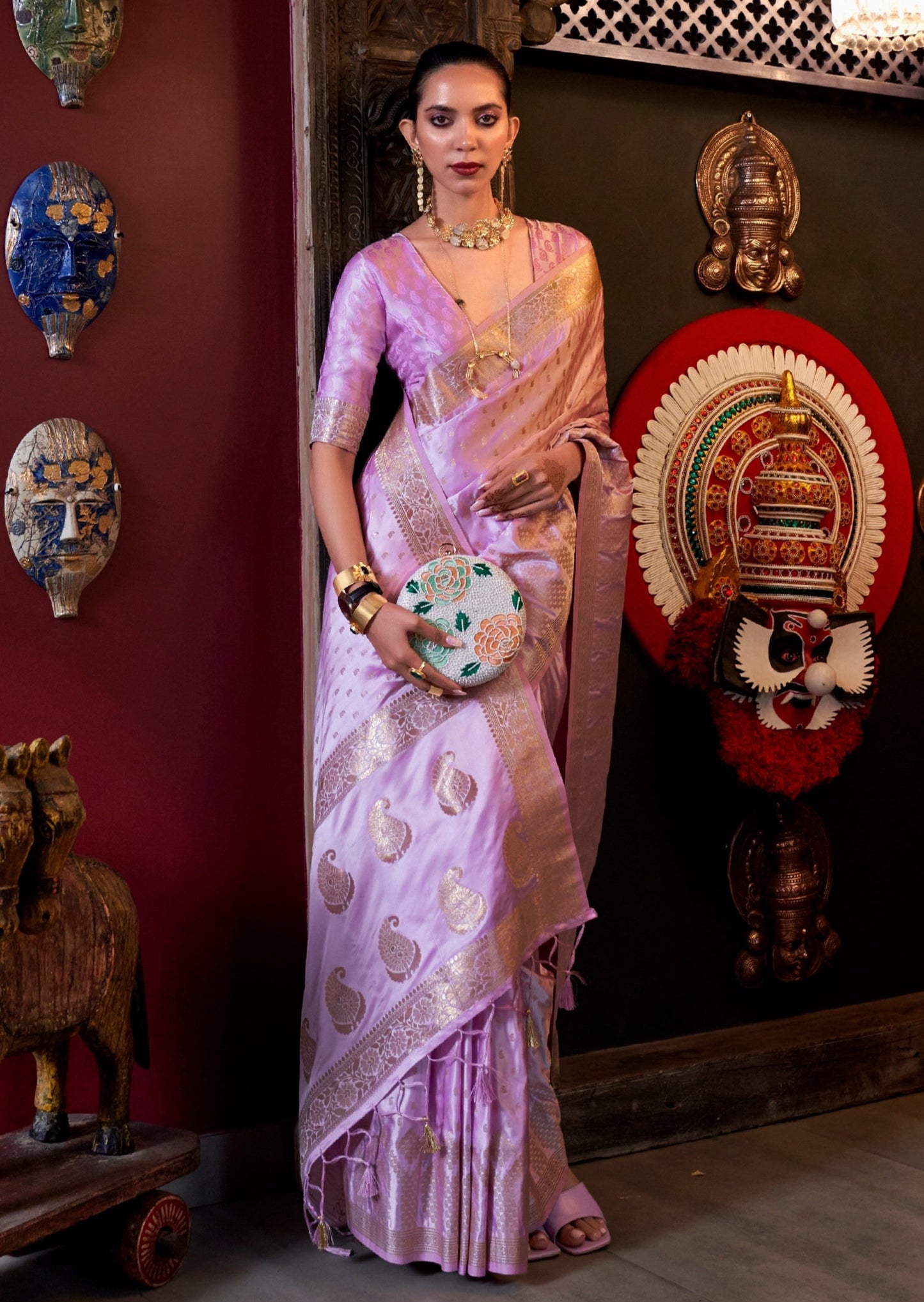 Pure banarasi satin silk handloom saree online india in baby pink color.
