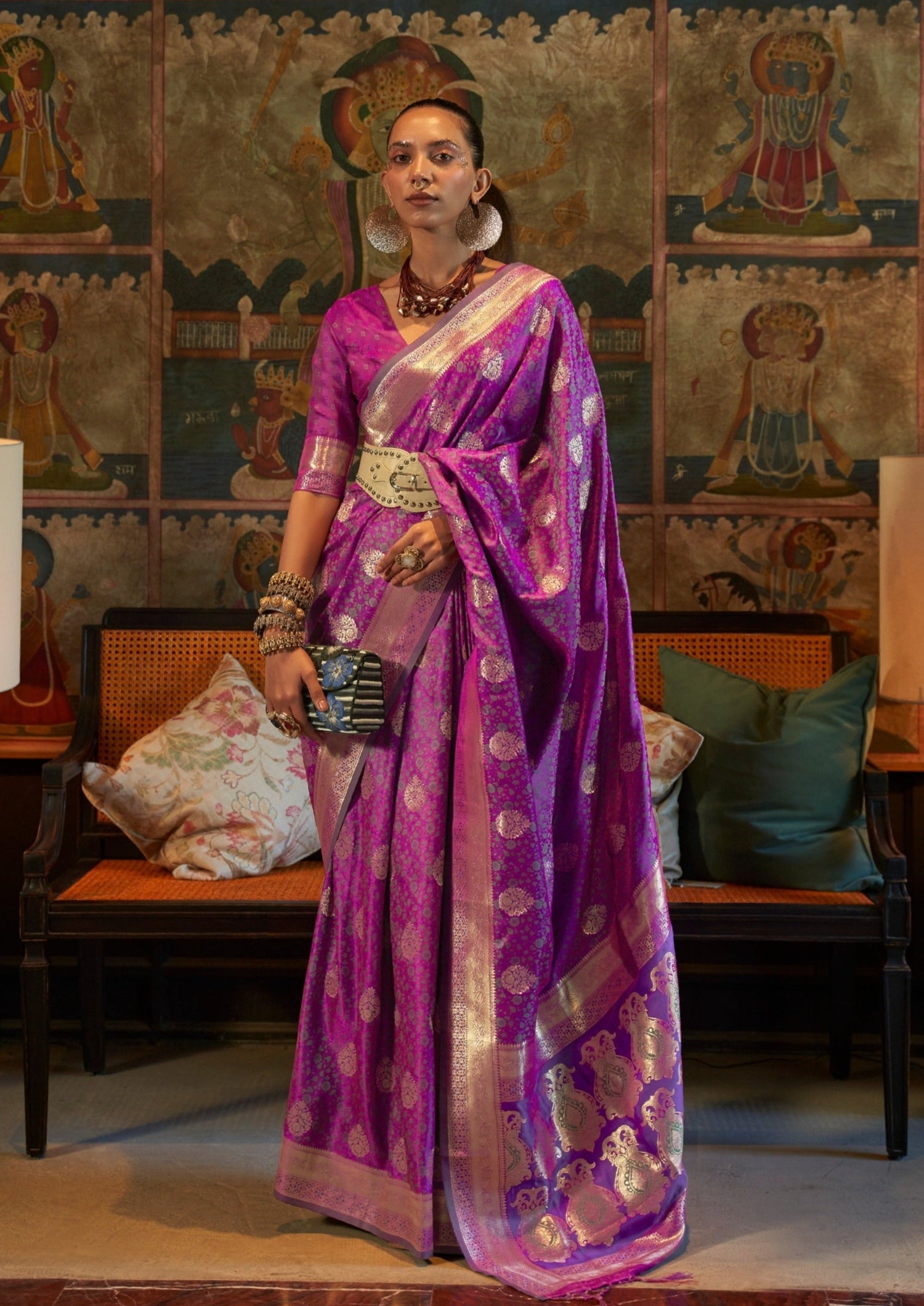 Woman in Pure Banarasi Satin Silk Hot Pink Handloom Saree