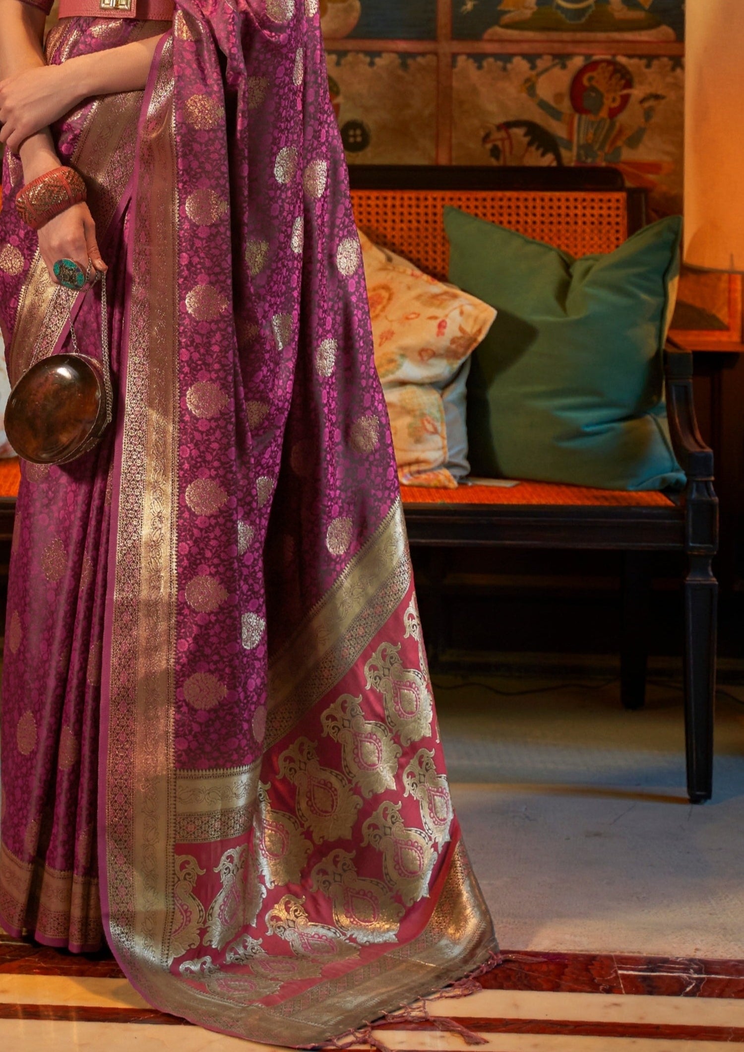 magenta pink banarasi satin silk saree design