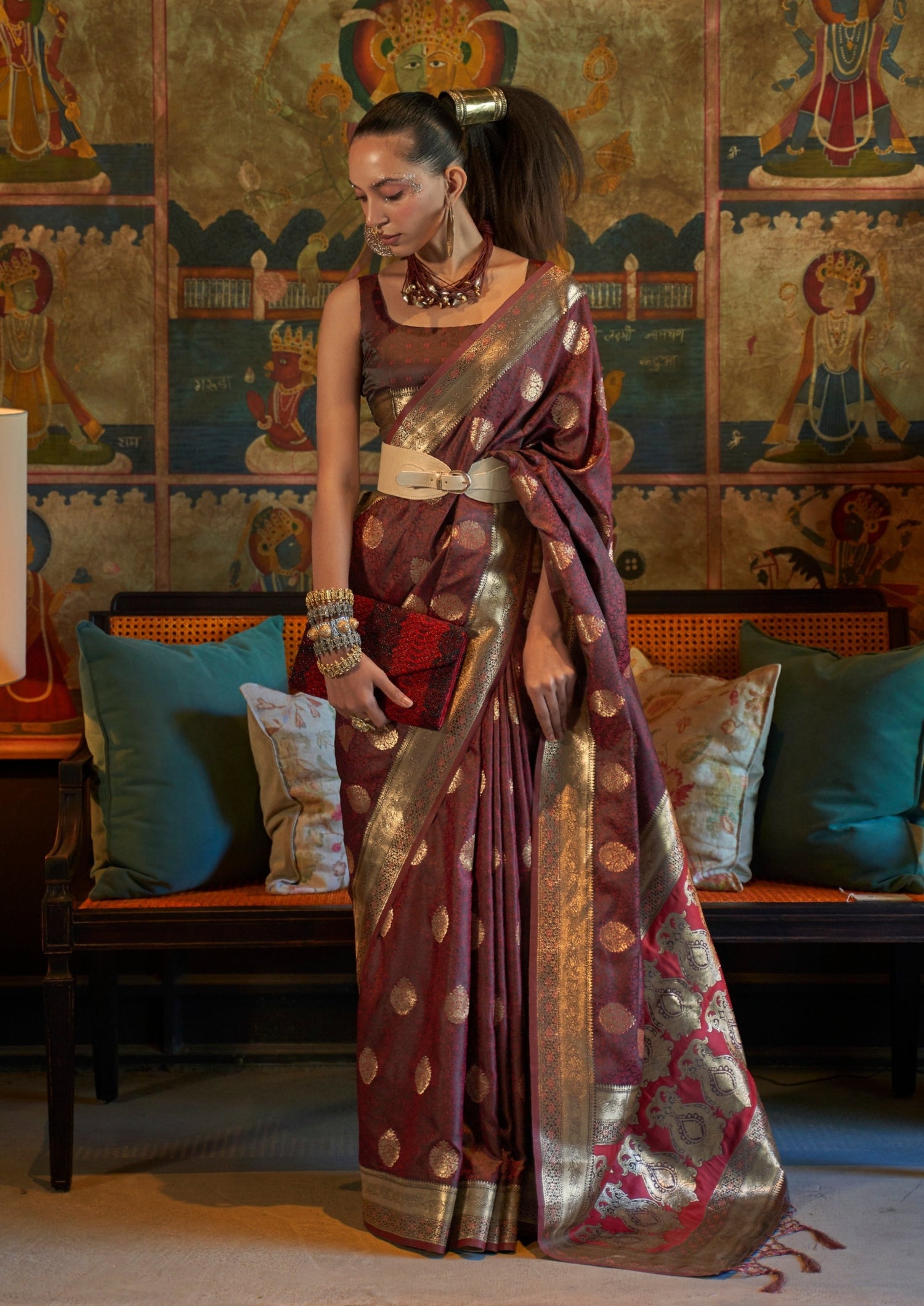 Woman in Pure Banarasi Satin Silk Maroon color Handloom Saree
