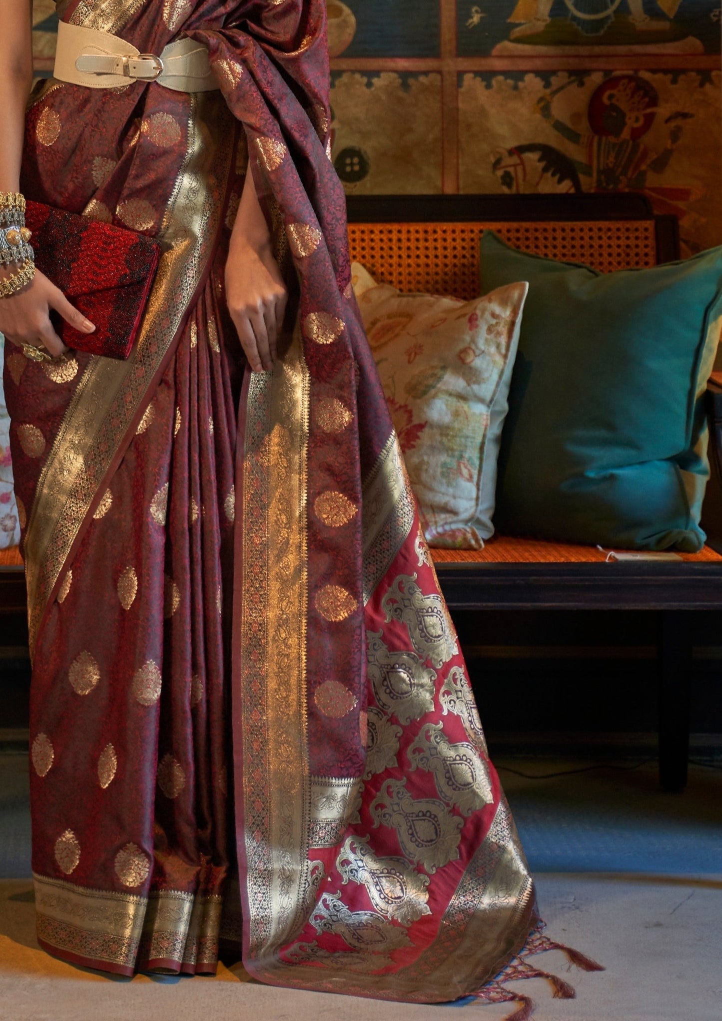 Maroon colour Pure Banarasi Satin Silk Handloom Saree Design