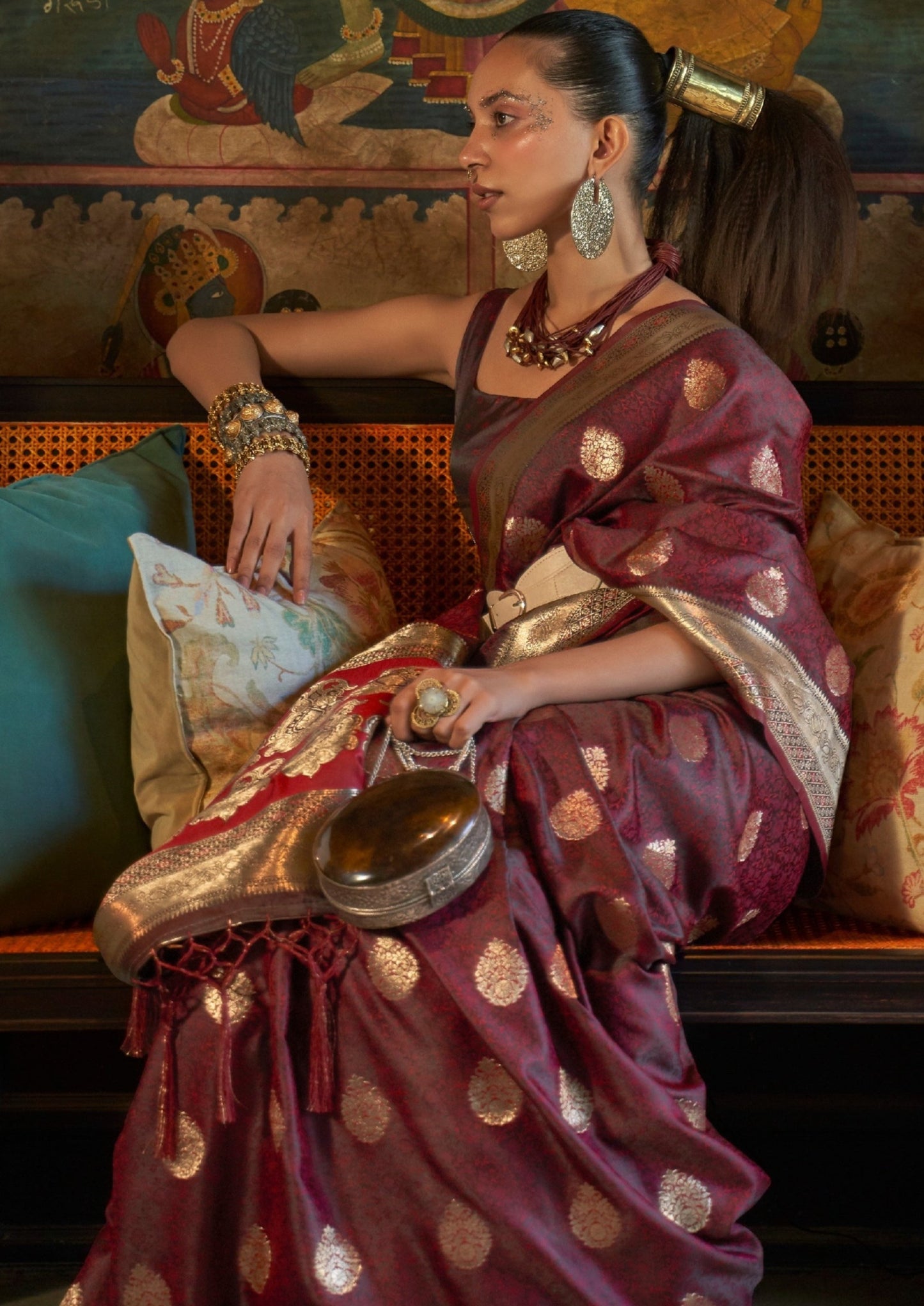 Bride in Pure Banarasi Satin Silk Handloom Saree in Maroon Red colour
