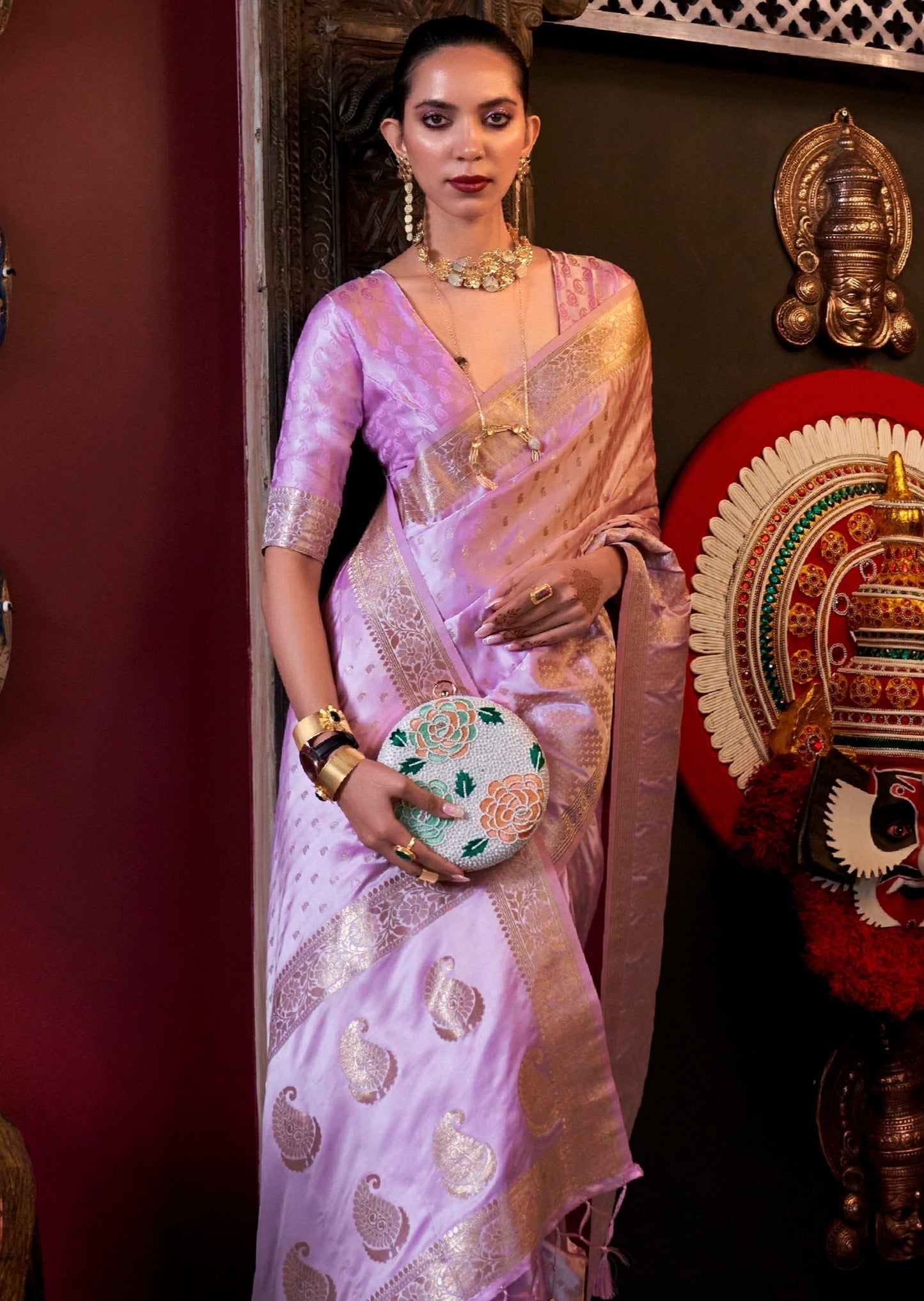 Pure banarasi satin silk handloom saree online india in baby pink color with price.