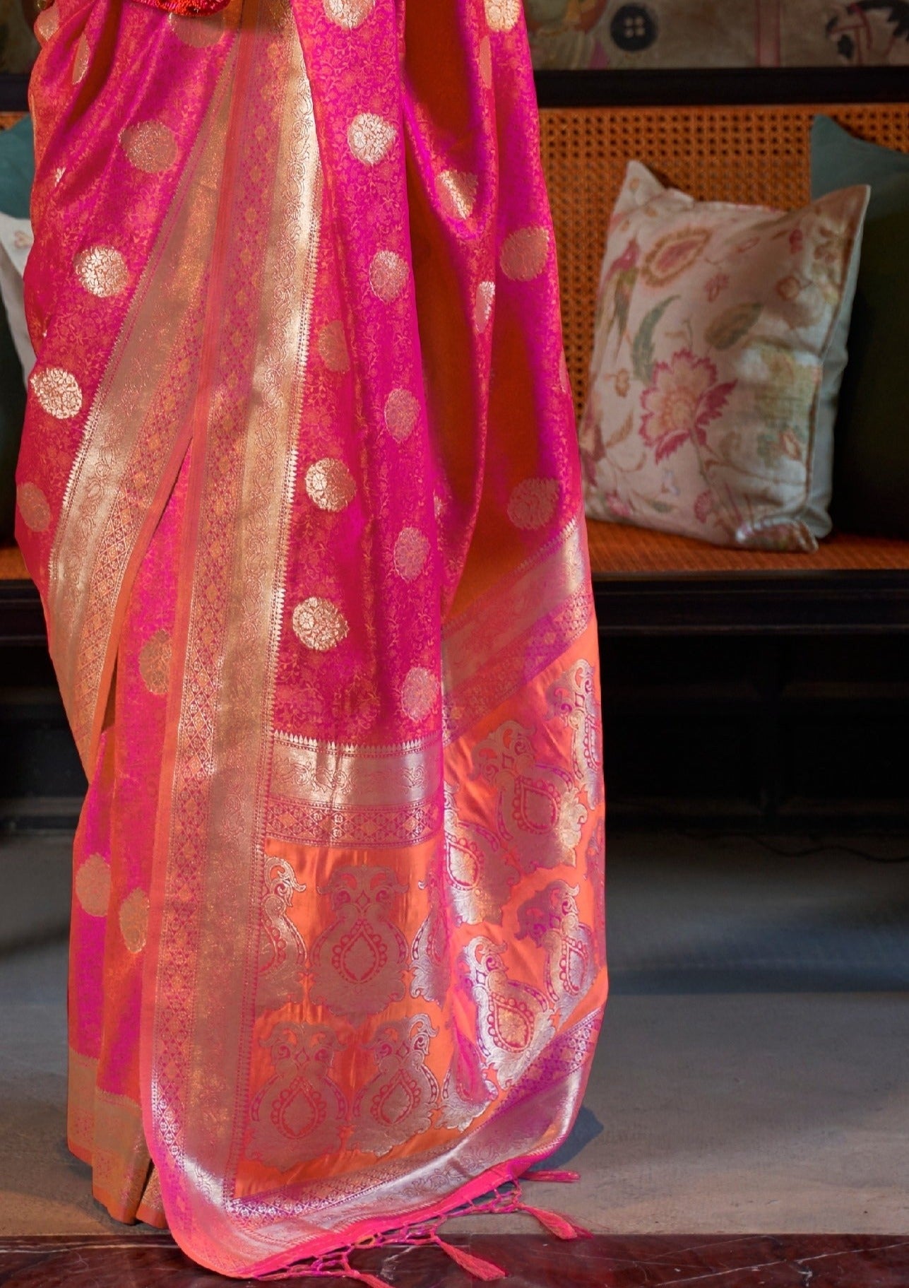 Pure Banarasi Satin Silk Pink Bridal Handloom Saree Design