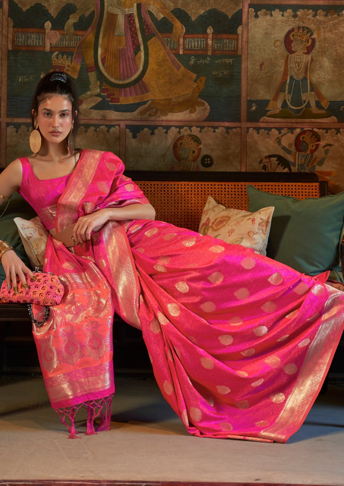 Woman in Pure Banarasi Satin Silk Rose Pink Handloom Saree Blouse
