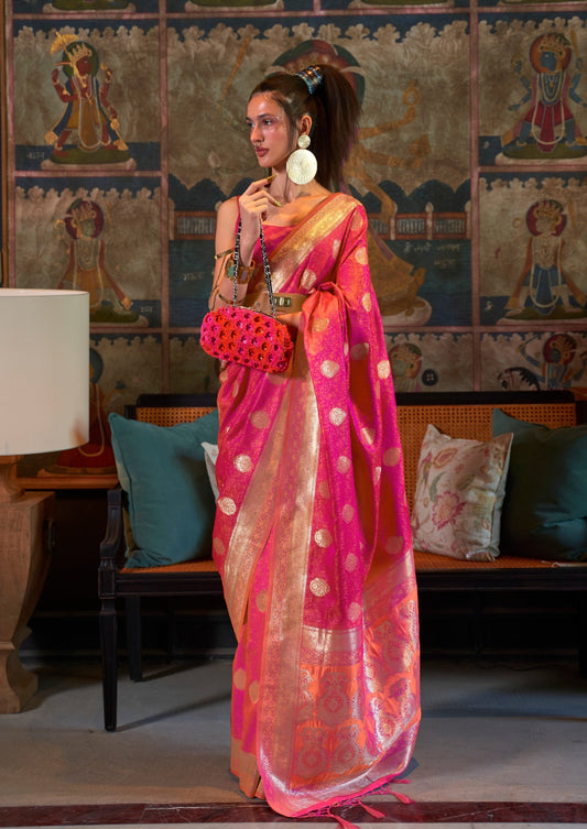 Bride in Pure Banarasi Satin Silk Pink Handloom Saree Blouse