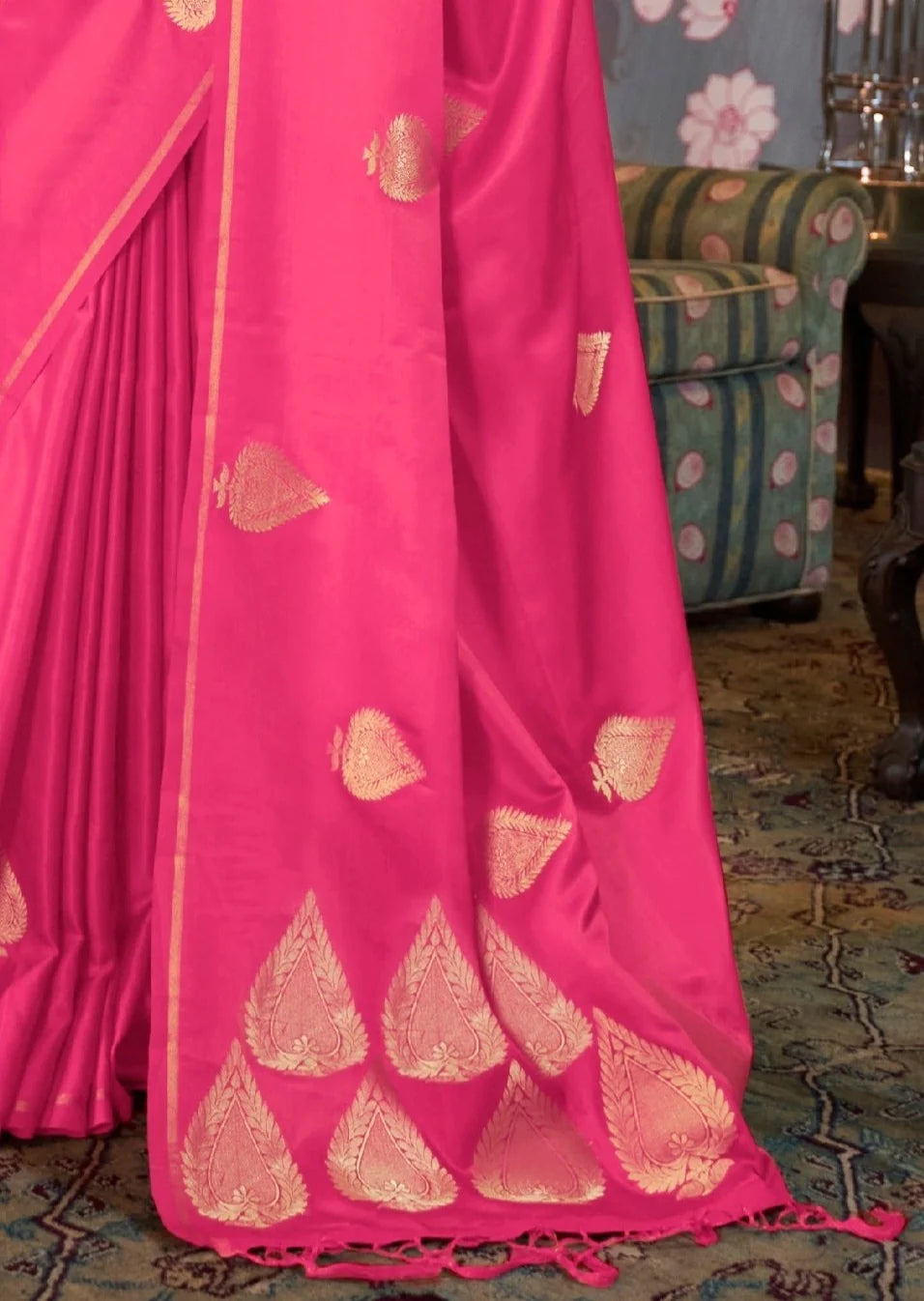 Pure banarasi satin silk hot pink handloom saree design.