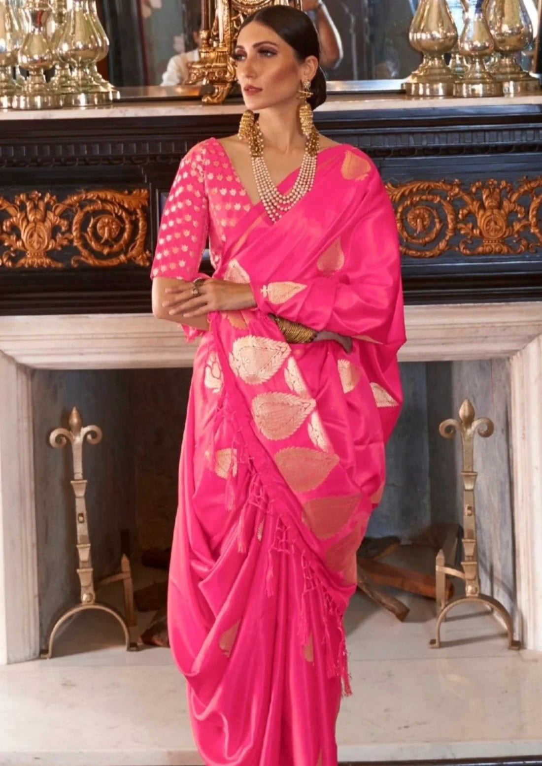 Pure banarasi satin silk hot pink handloom saree blouse.