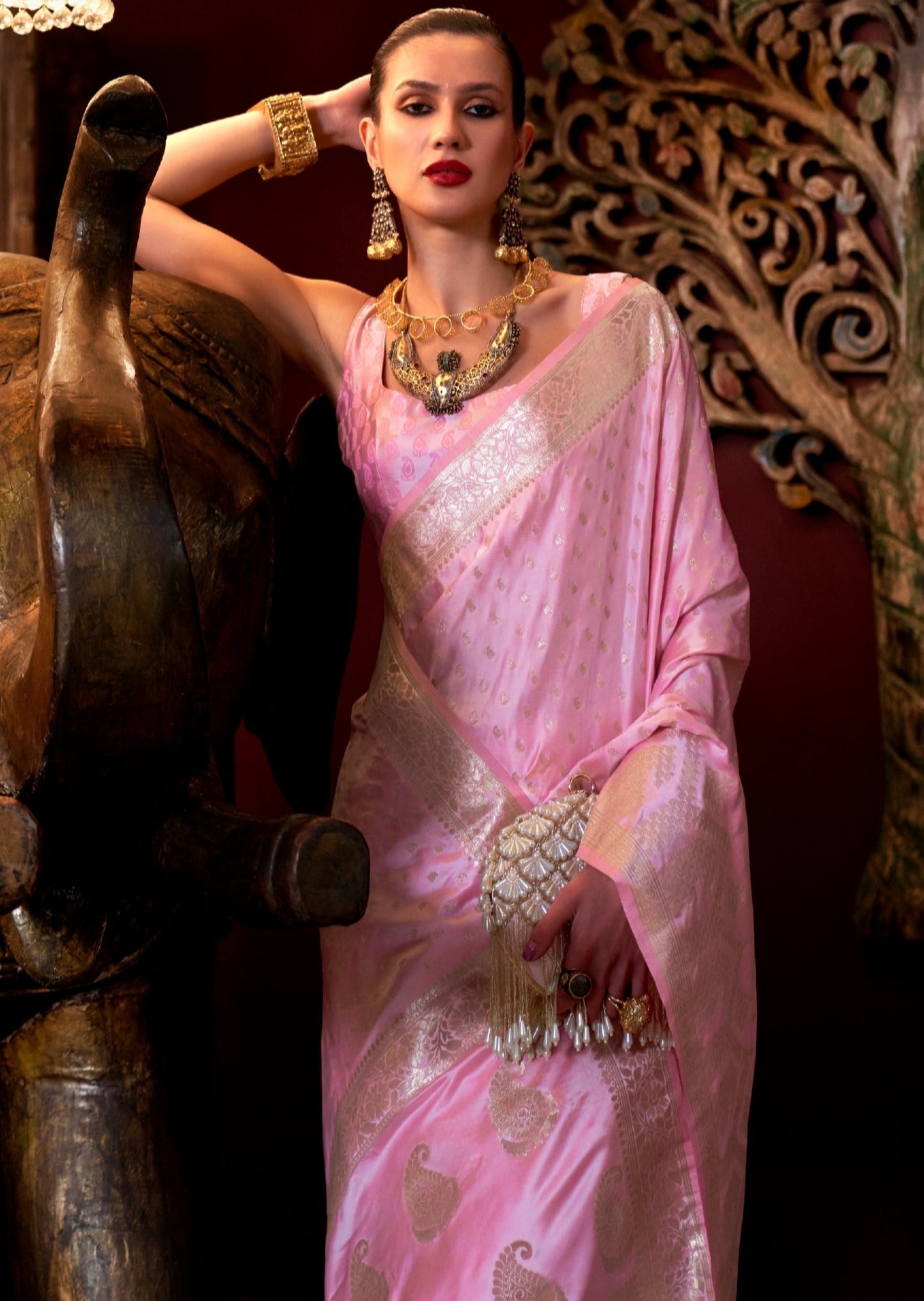 Pure banarasi satin silk blush pink color handloom bridal saree online shopping india usa uk with price.