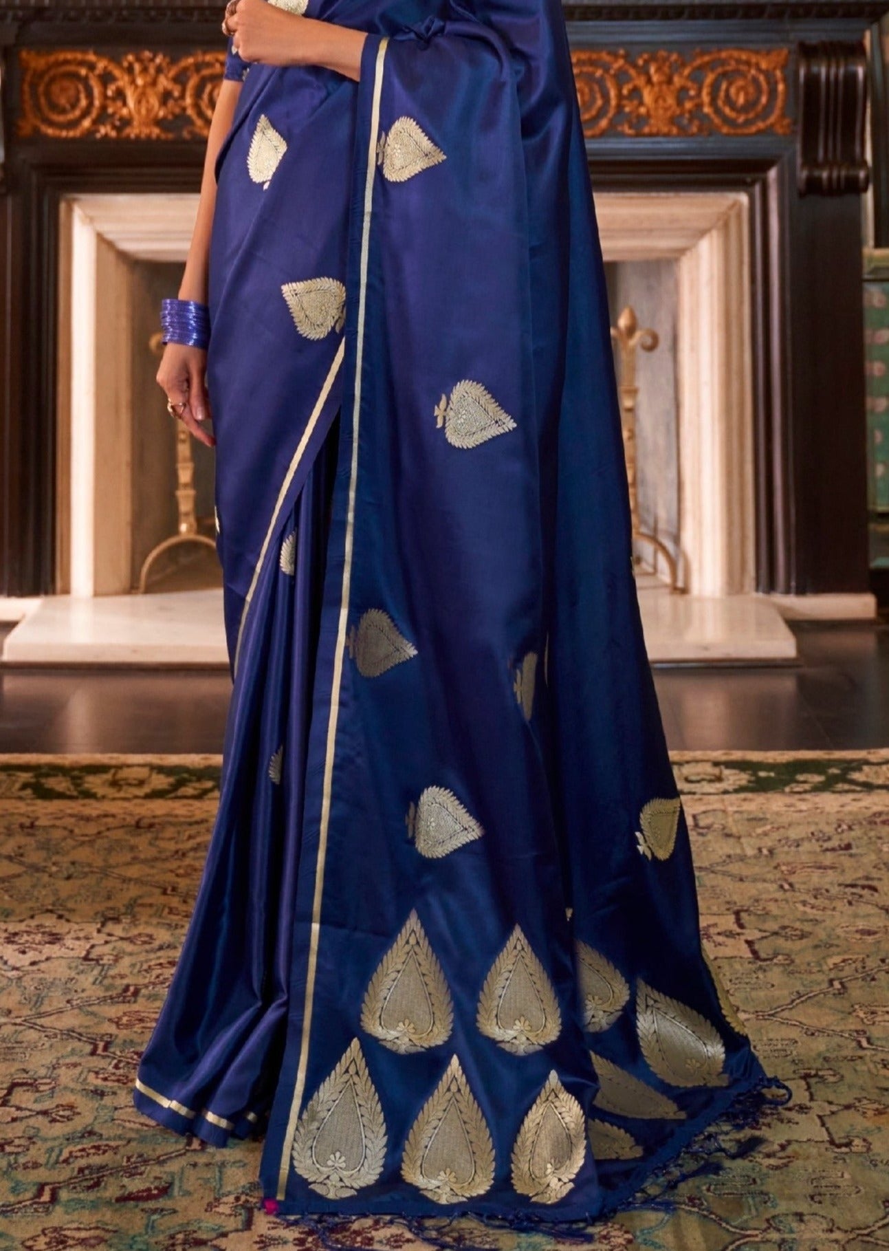 Pure banarasi satin silk royal blue handloom saree online with zari work for wedding uk.