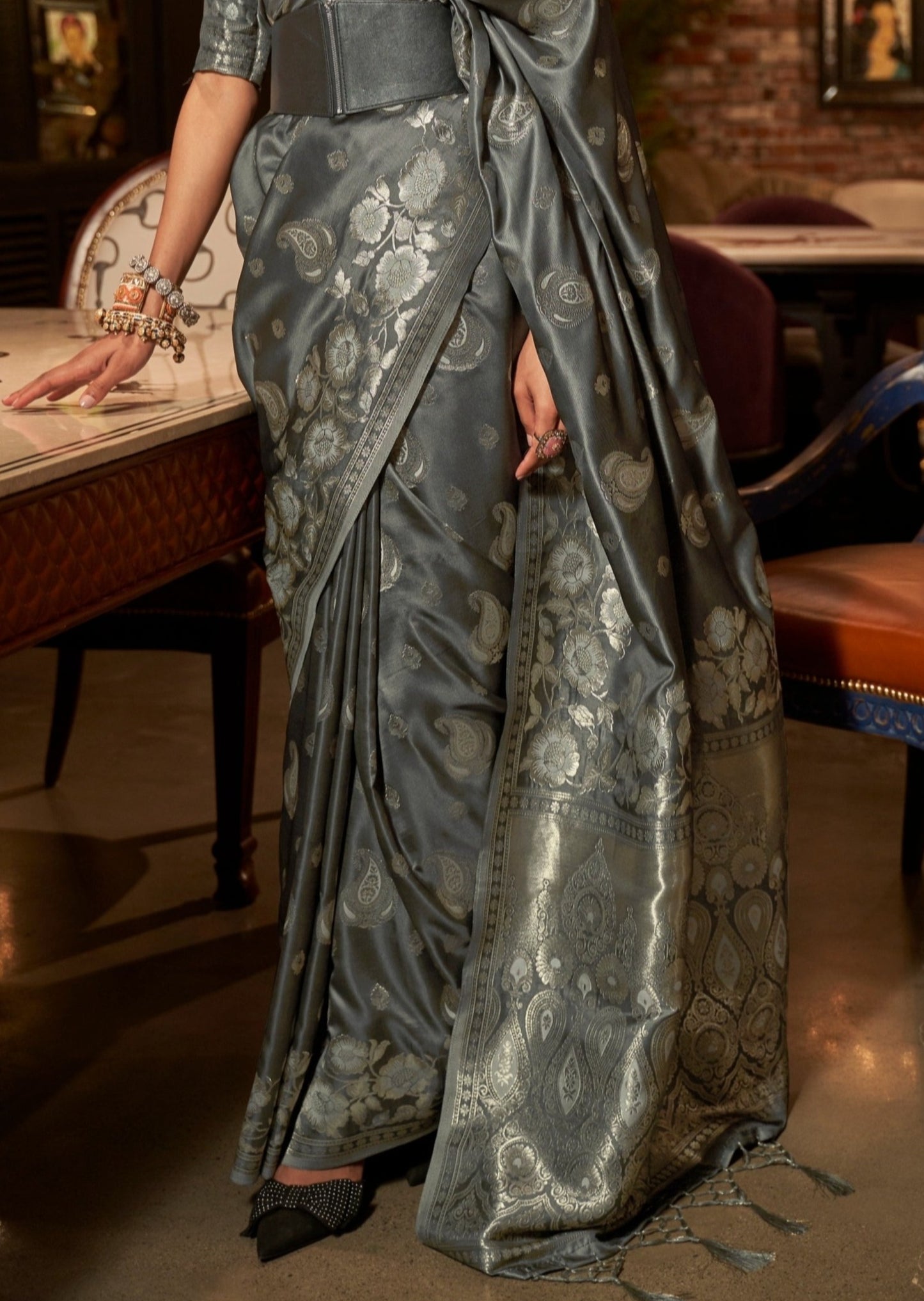 Pure banarasi satin silk silver grey handloom saree online designs with price india usa.