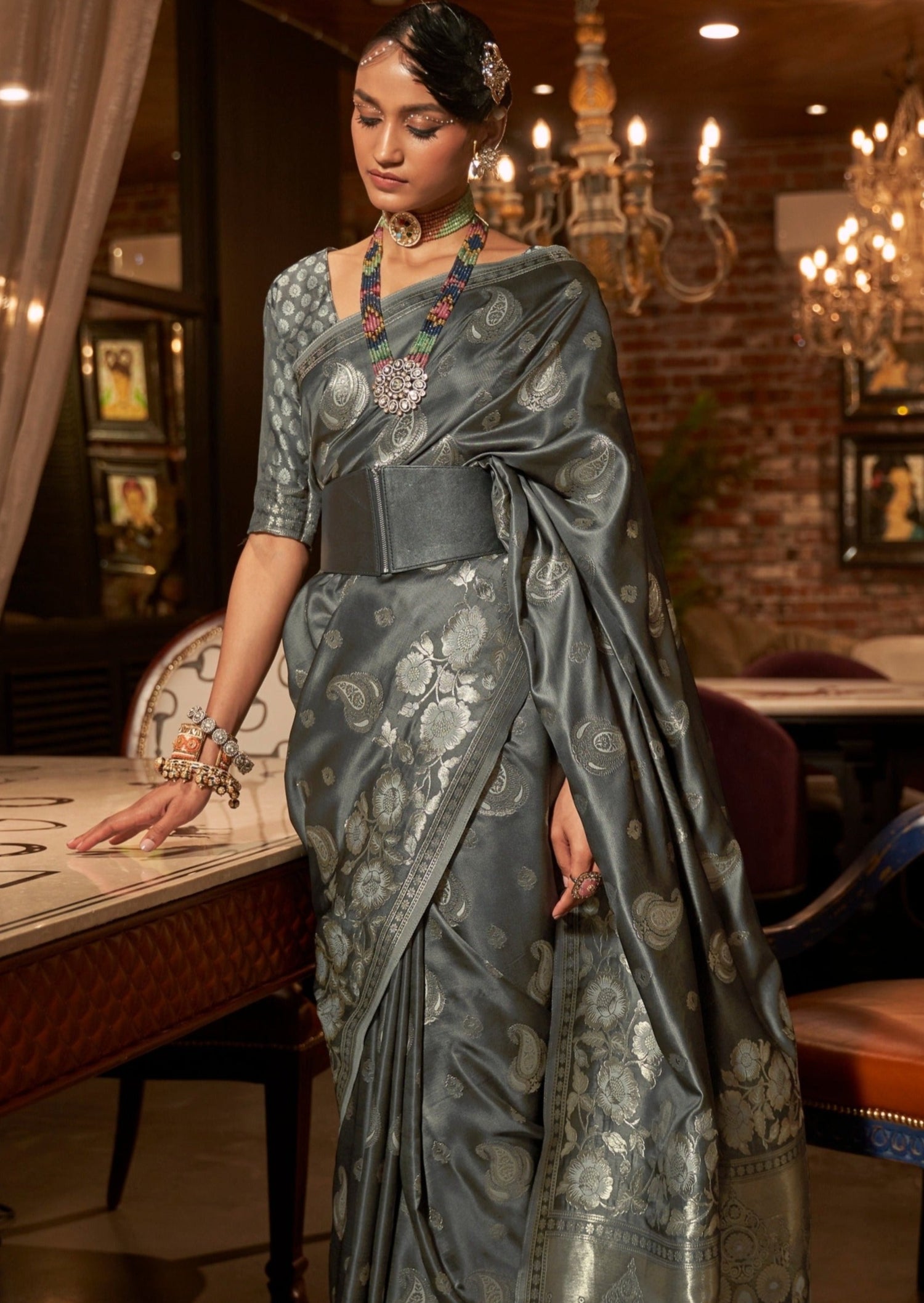 Pure banarasi satin silk silver grey handloom saree online designs price for usa bride.