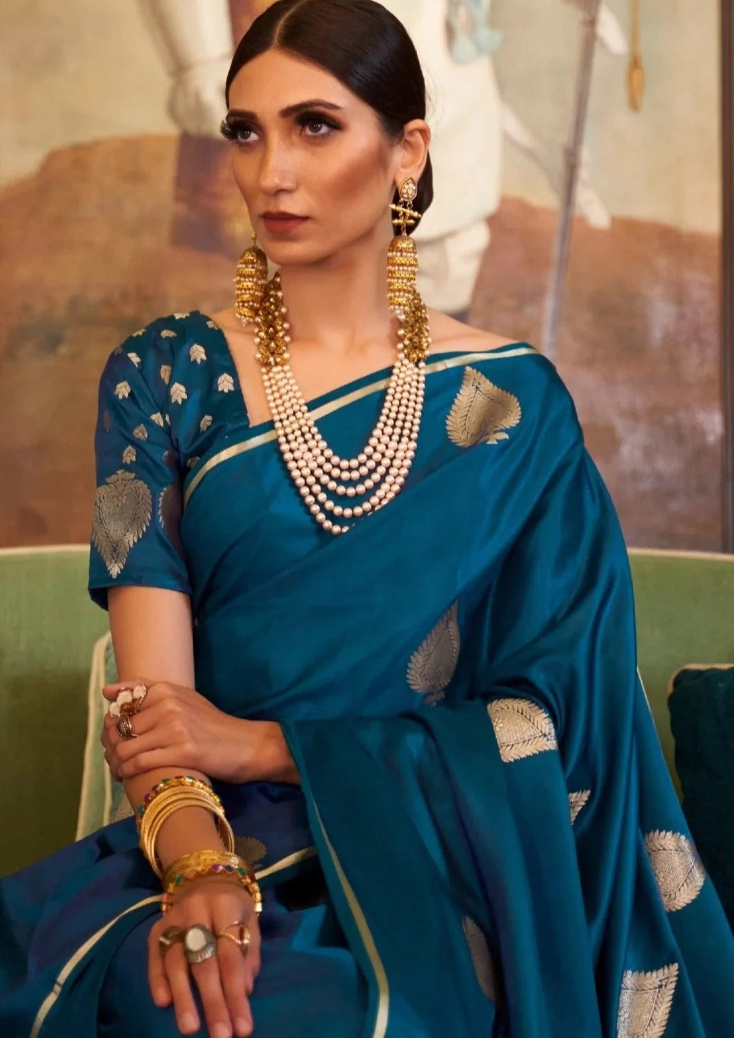 Bride in pure banarasi satin silk teal blue saree blouse.
