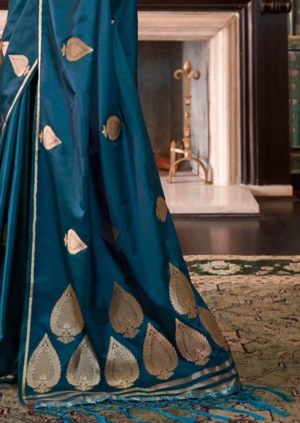 Pure banarasi satin silk teal blue saree design.