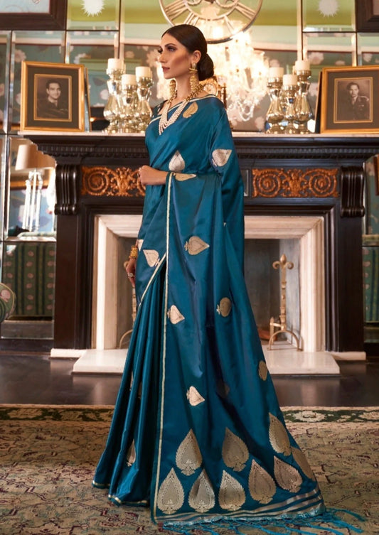 Pure banarasi satin silk teal blue saree blouse.