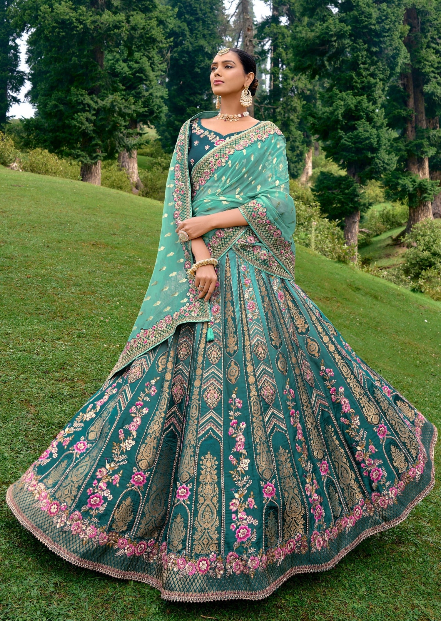 Pure banarasi silk designer lehenga choli traditional design for wedding online.