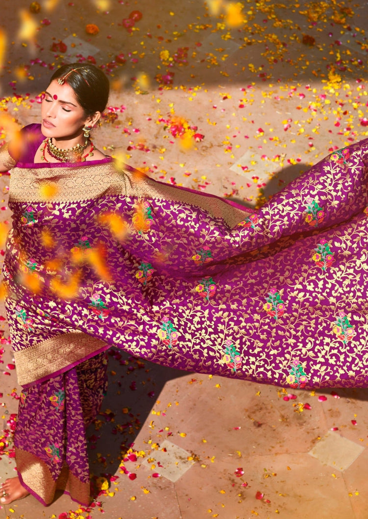 Pure banarasi silk handloom saree violet purple online shopping price india usa.