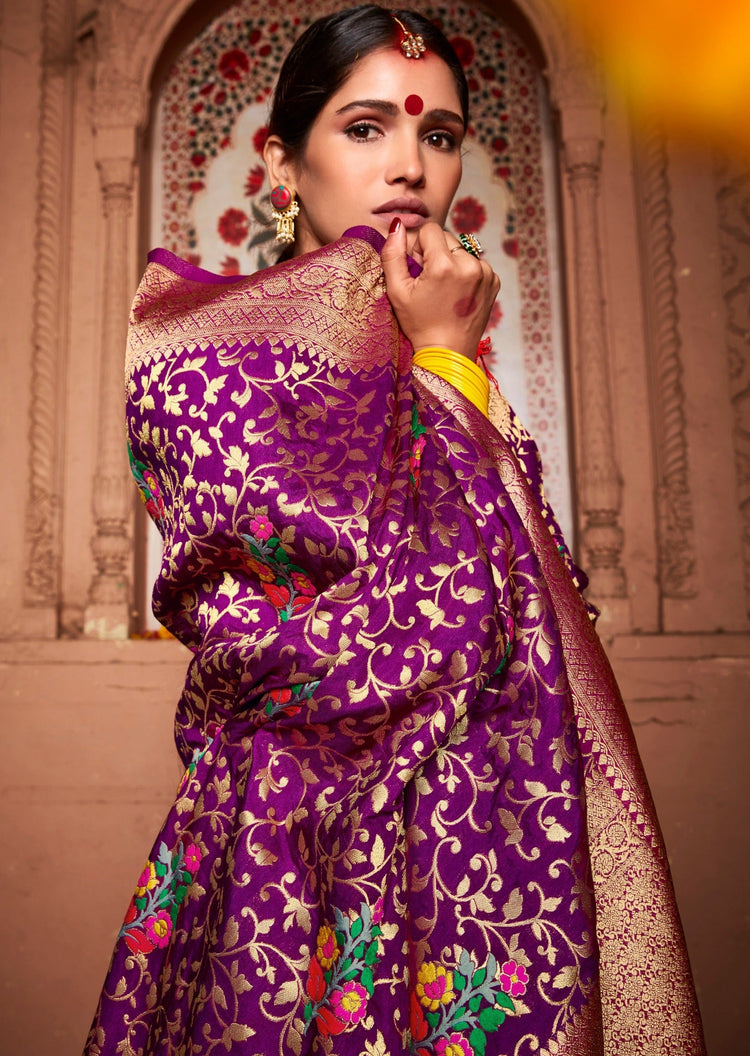 Pure banarasi silk handloom wedding saree violet purple online price india usa.