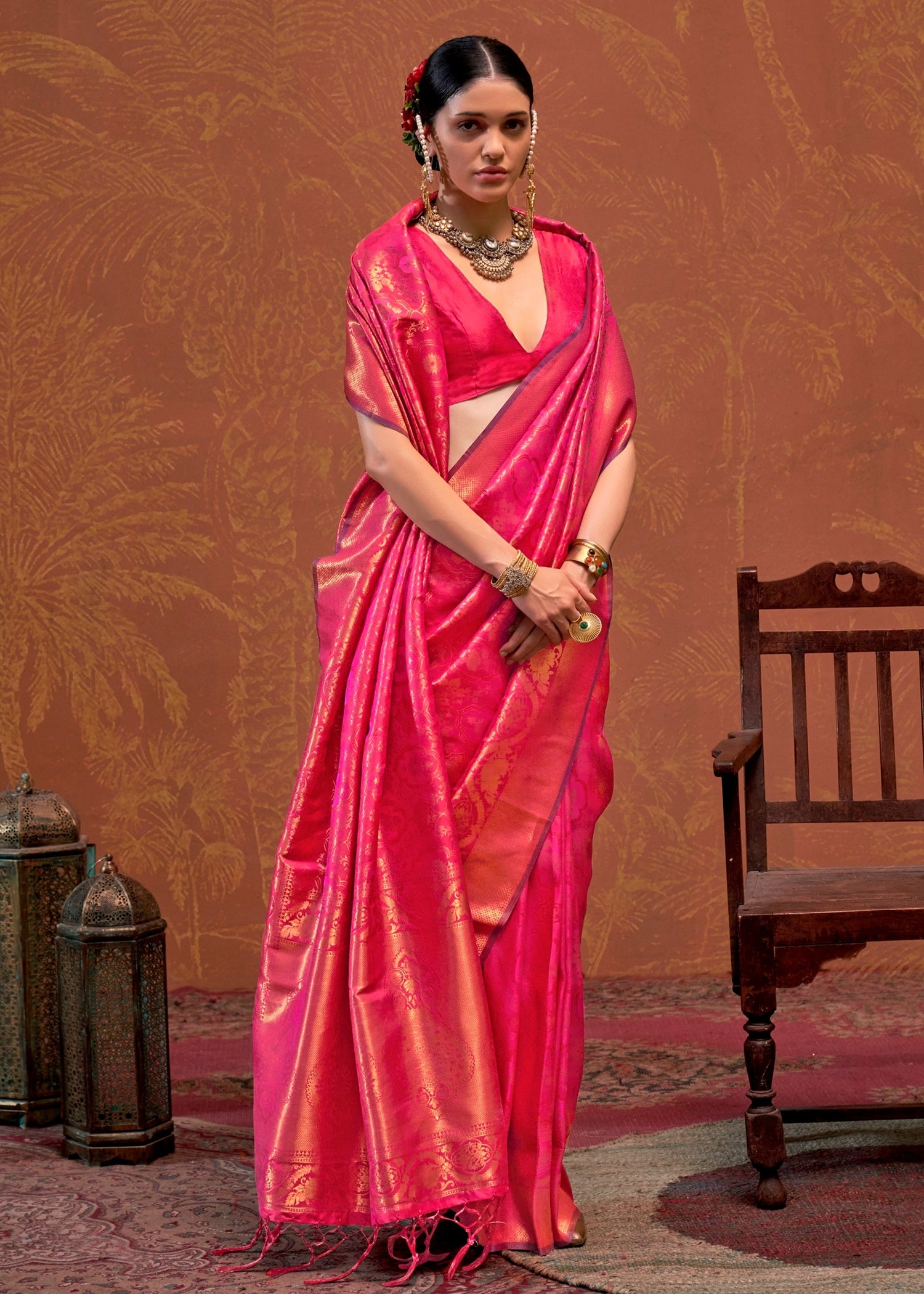 Pure banarasi silk hot pink saree in usa online shopping for bride & bridesmaids on sale.