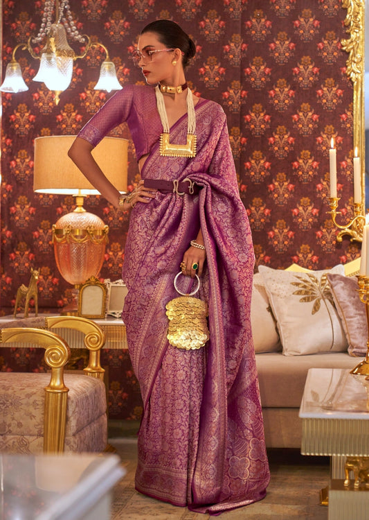 Woman's pure banarasi silk magenta pink handloom bridal saree online with price.