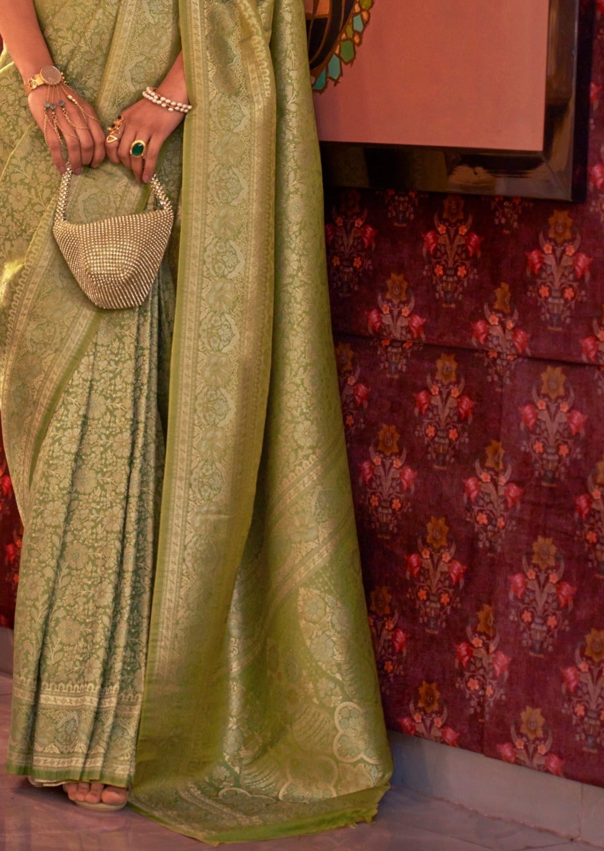 Pure Banarasi Silk Parrot Green Handloom Bridal Saree pallu