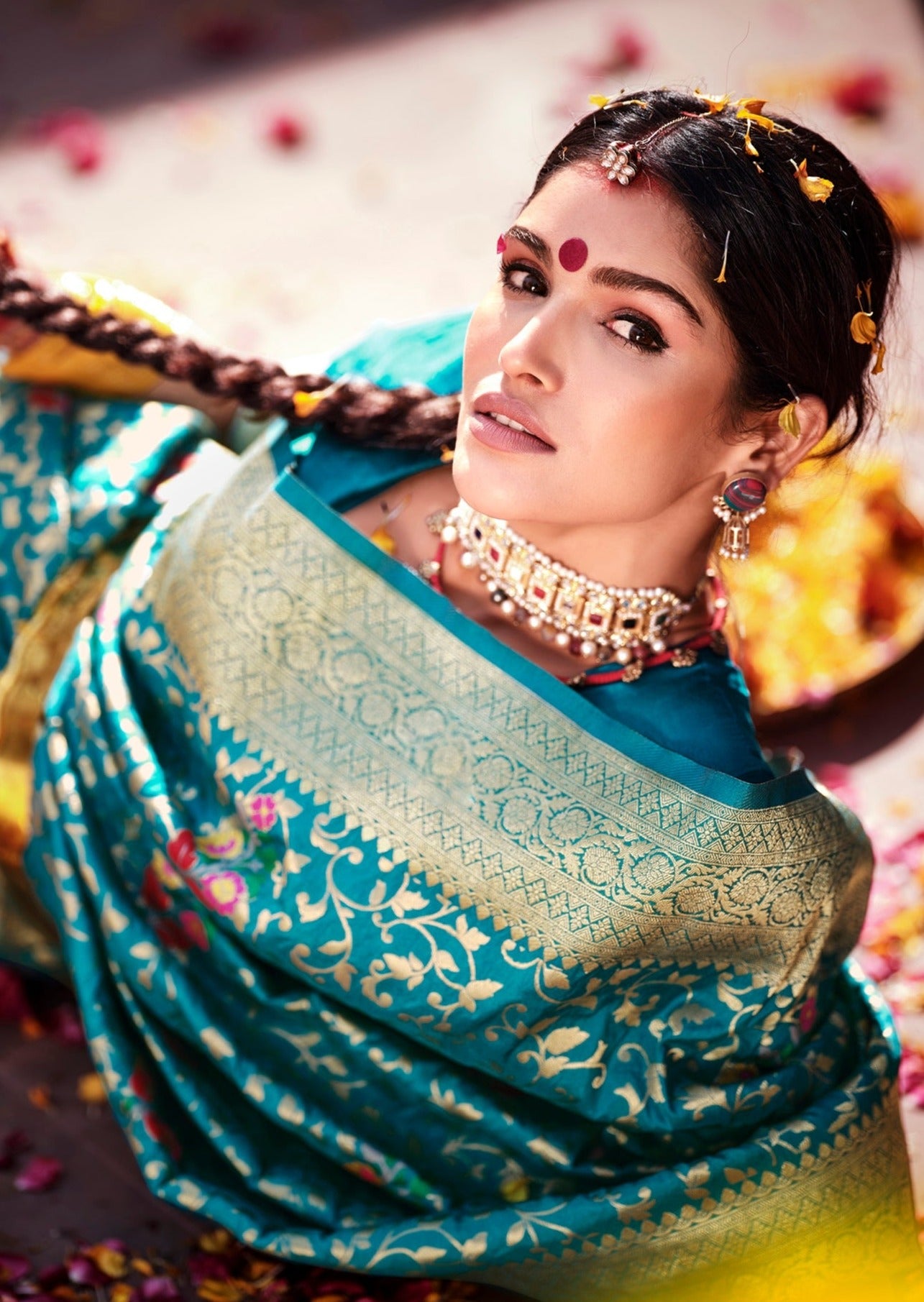 Pure banarasi silk turquoise blue bridal saree.
