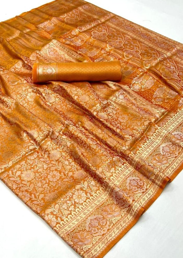 pure-banarasi-silk-yellow-orange-handloom-bridal-saree online.