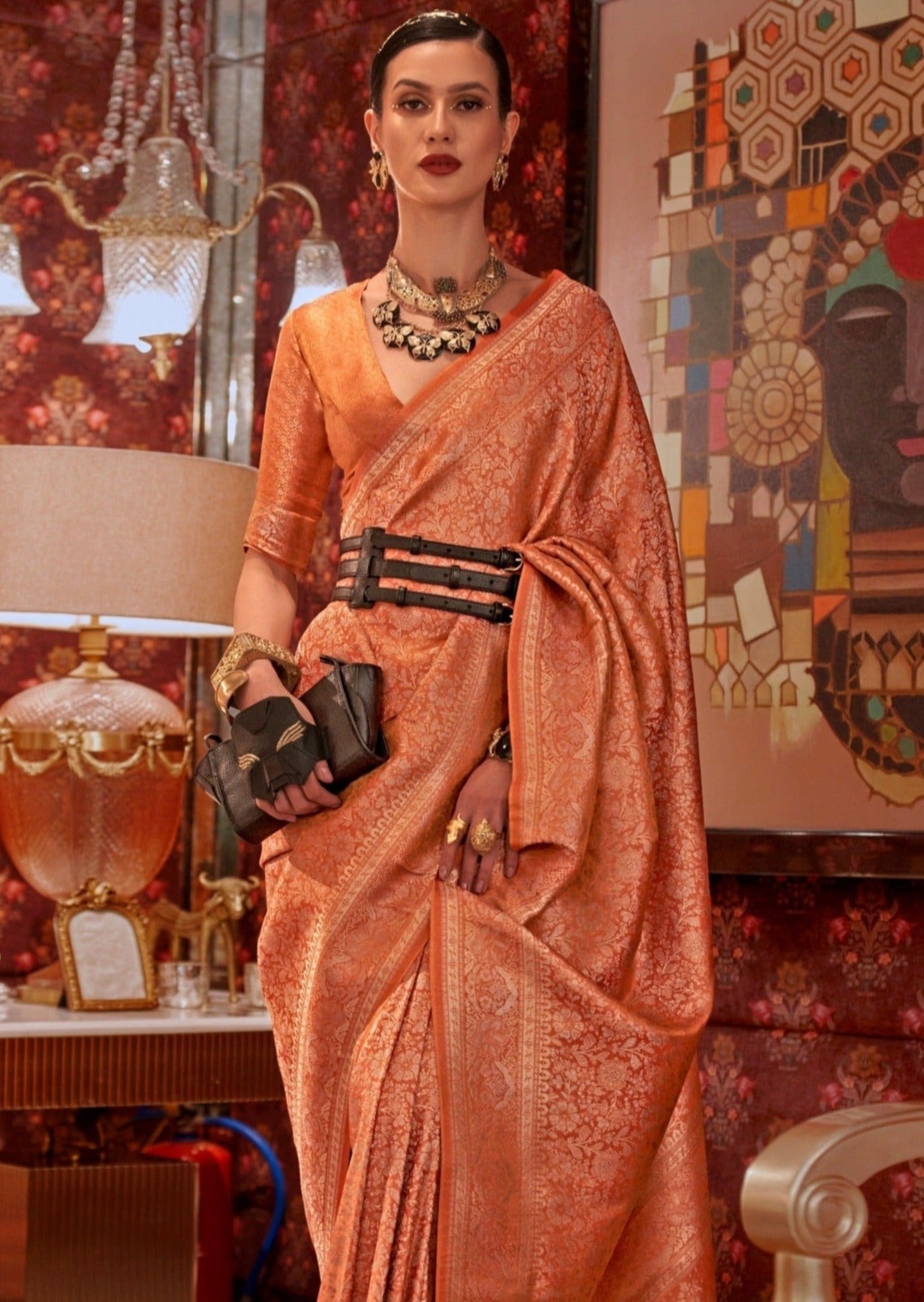 Pure banarasi silk yellow orange handloom bridal saree online.
