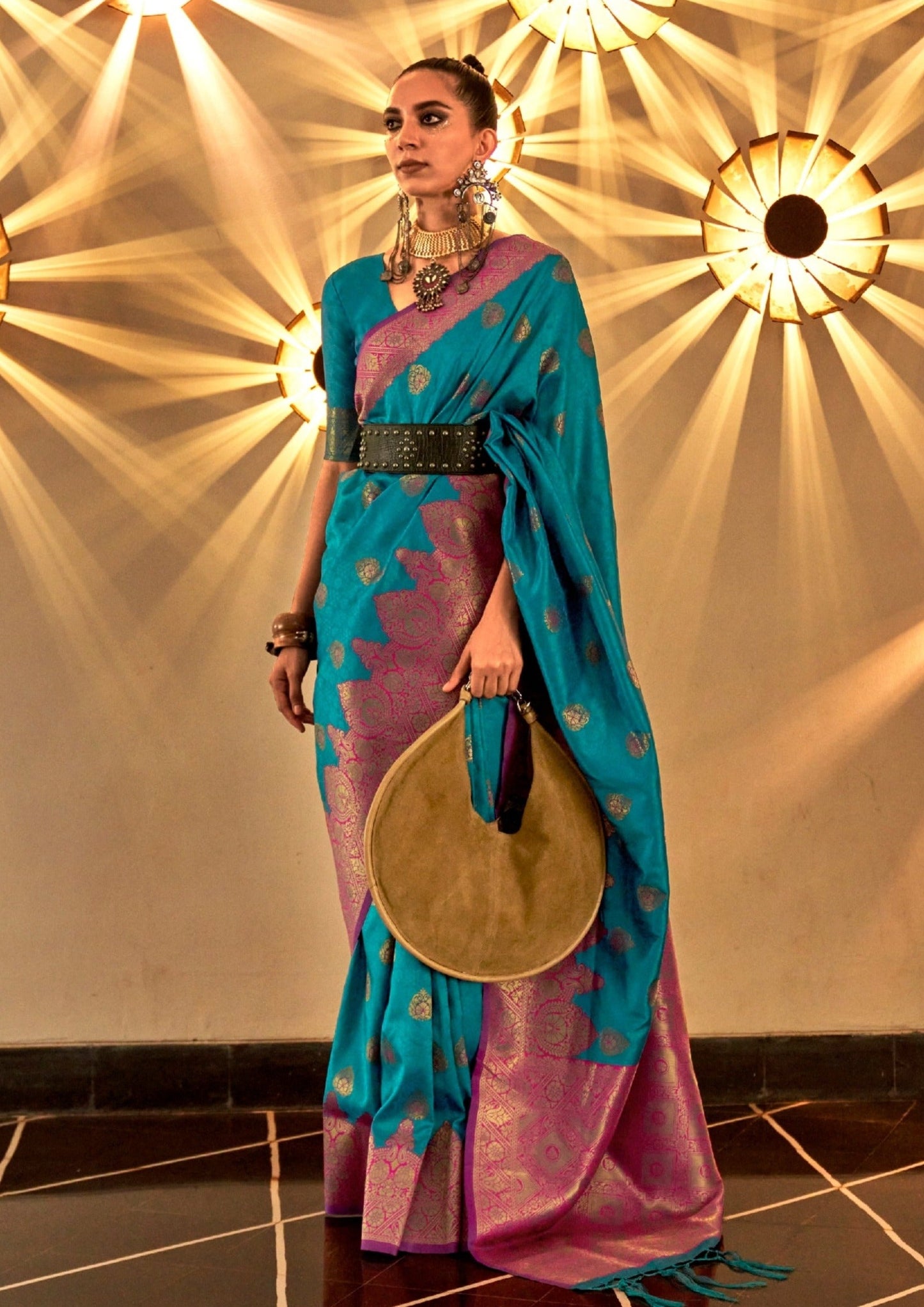 Women's firozi blue colour handloom silk saree online india usa.