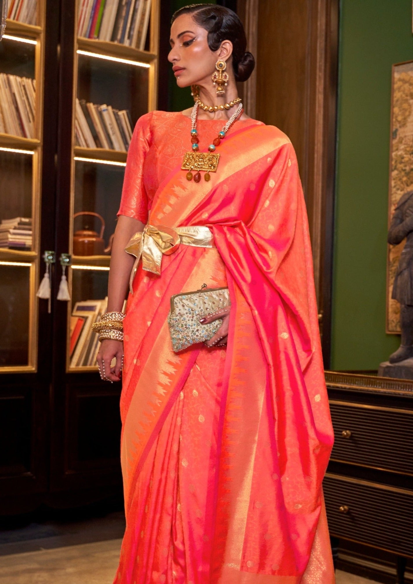 Pure banarasi soft silk handloom orange sarees online shopping with price india usa uk canada for bride.