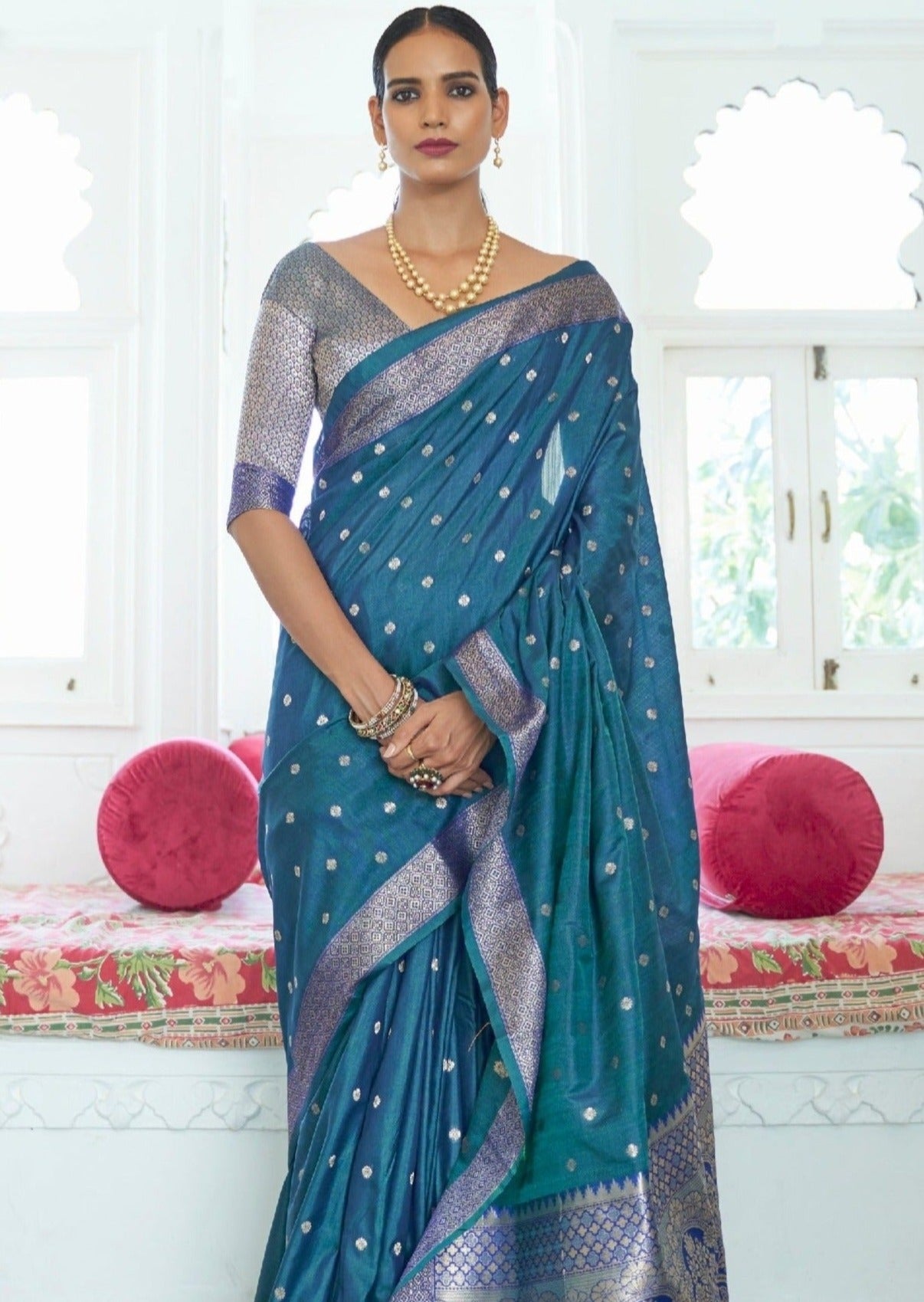 Pure banarasi soft silk teal blue saree online price.
