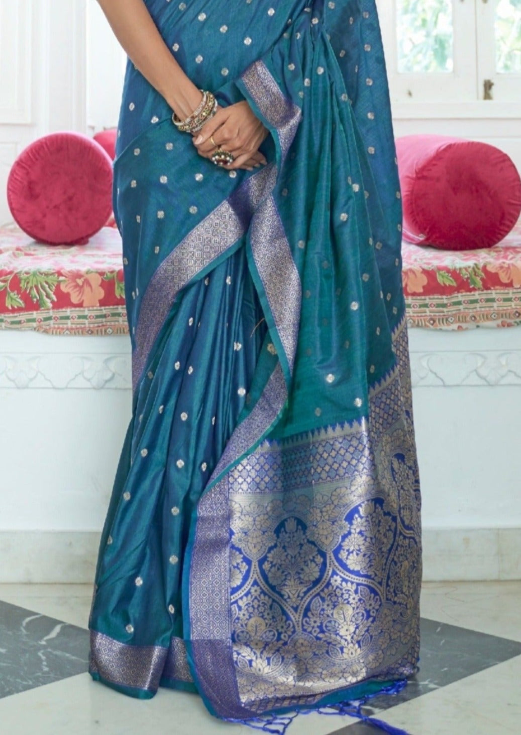 Pure banarasi soft silk teal blue saree online shopping.