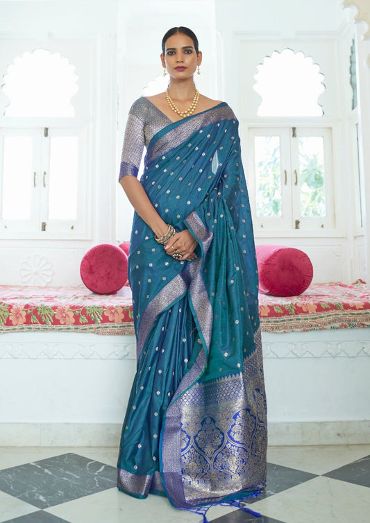 Pure banarasi soft silk teal blue saree online.