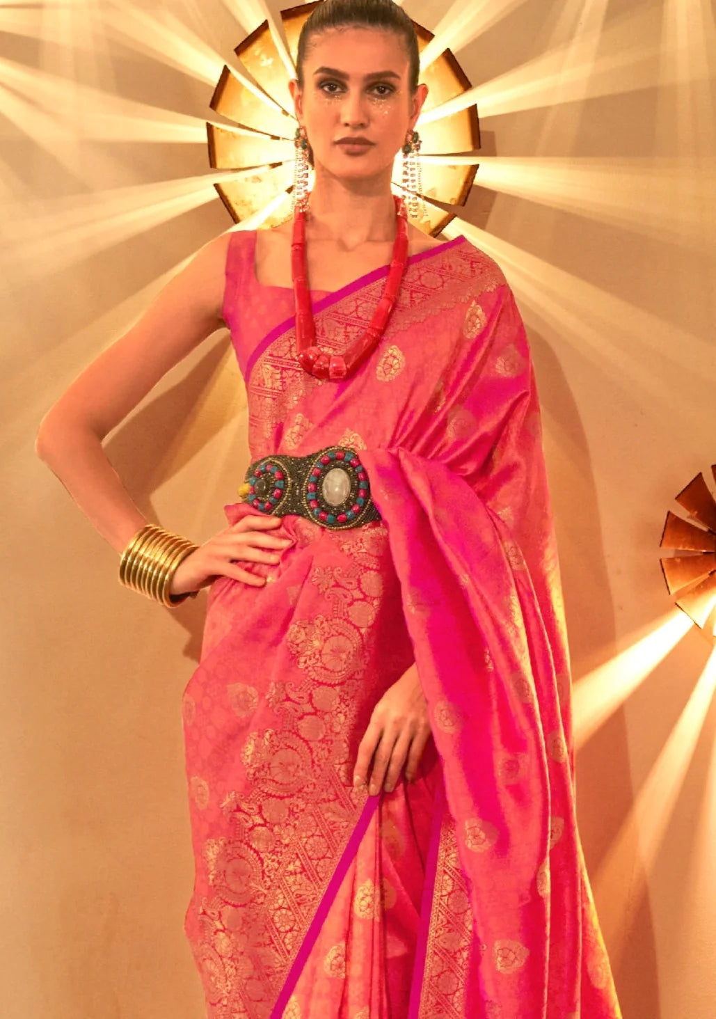 Pure banarasi soft silk two tone handloom saree rose pink & orange color online usa india.