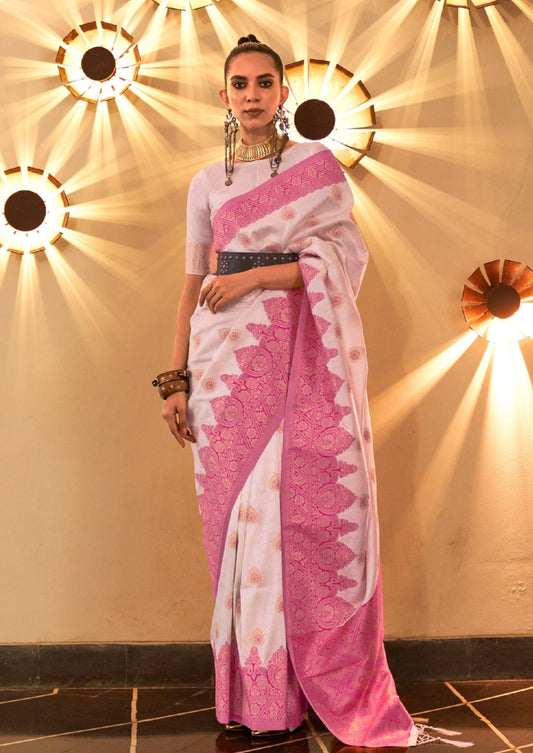 Women's white colour handloom silk saree with pink border online.