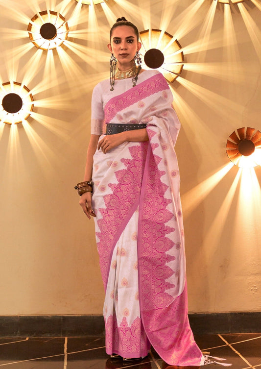 Women's white colour handloom silk saree with pink border online.