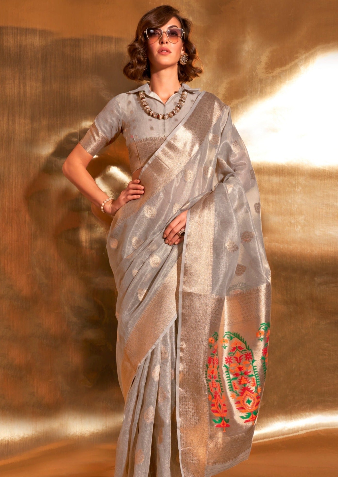 Pure banarasi tissue silk grey handloom saree india usa uk uae.