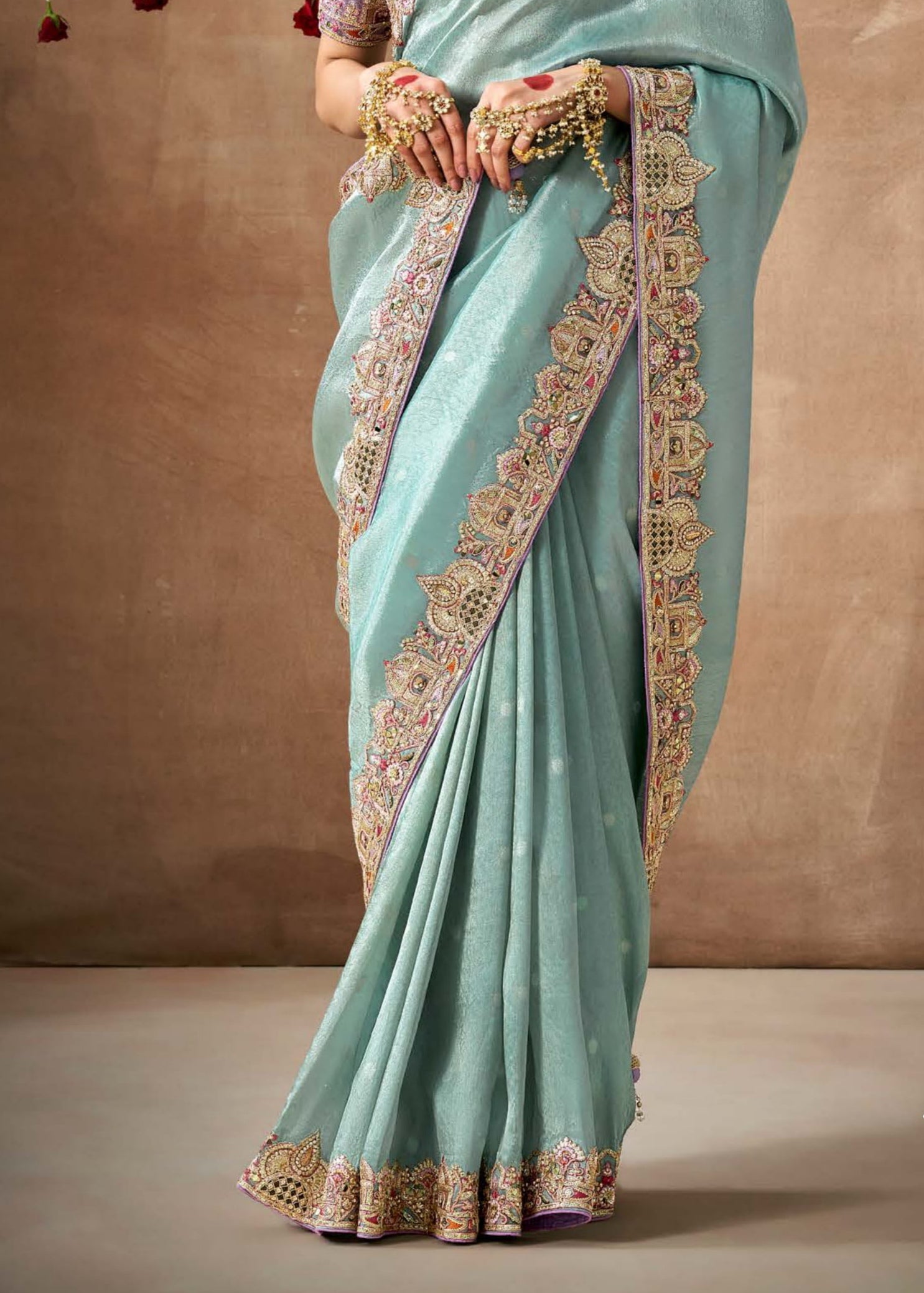 Banarasi tissue silk sky blue embroidery saree online india design.